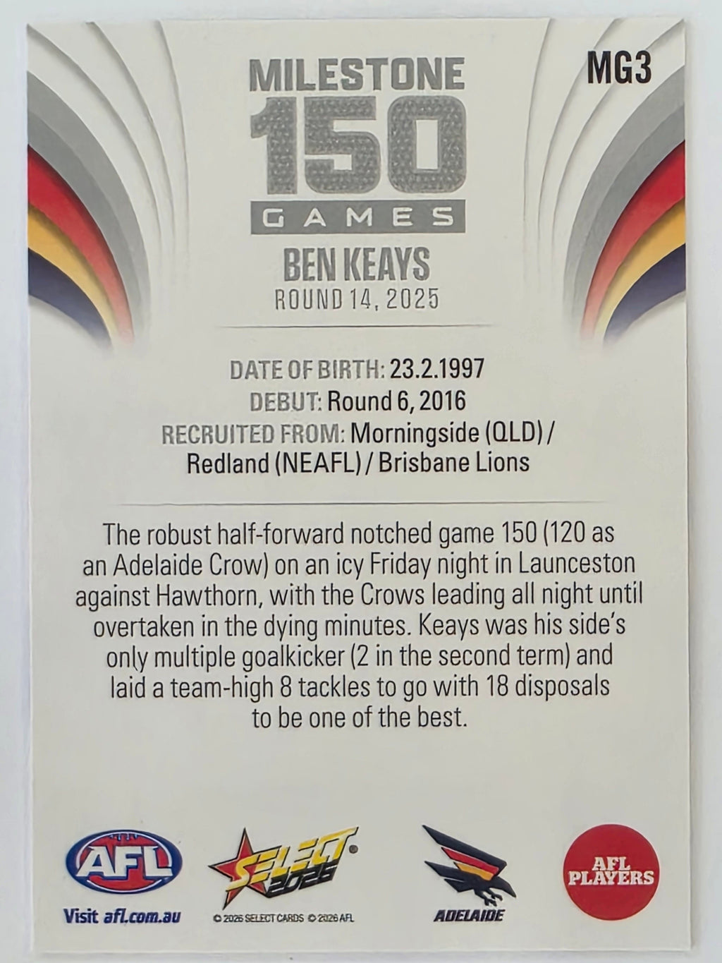 2026 AFL Footy Stars Milestone Games MG3 Ben Keays - Adelaide Crows
