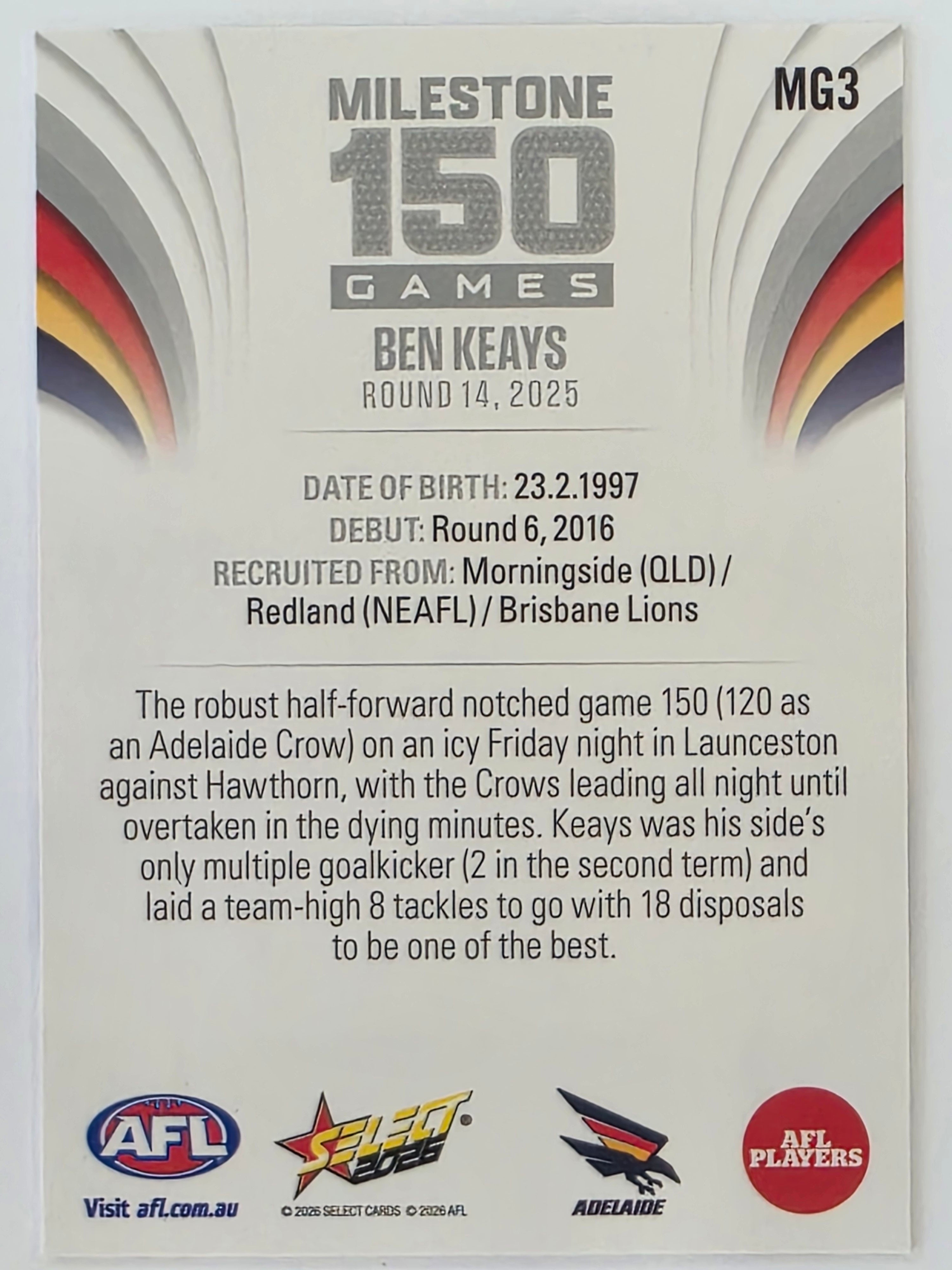 2026 AFL Footy Stars Milestone Games MG3 Ben Keays - Adelaide Crows