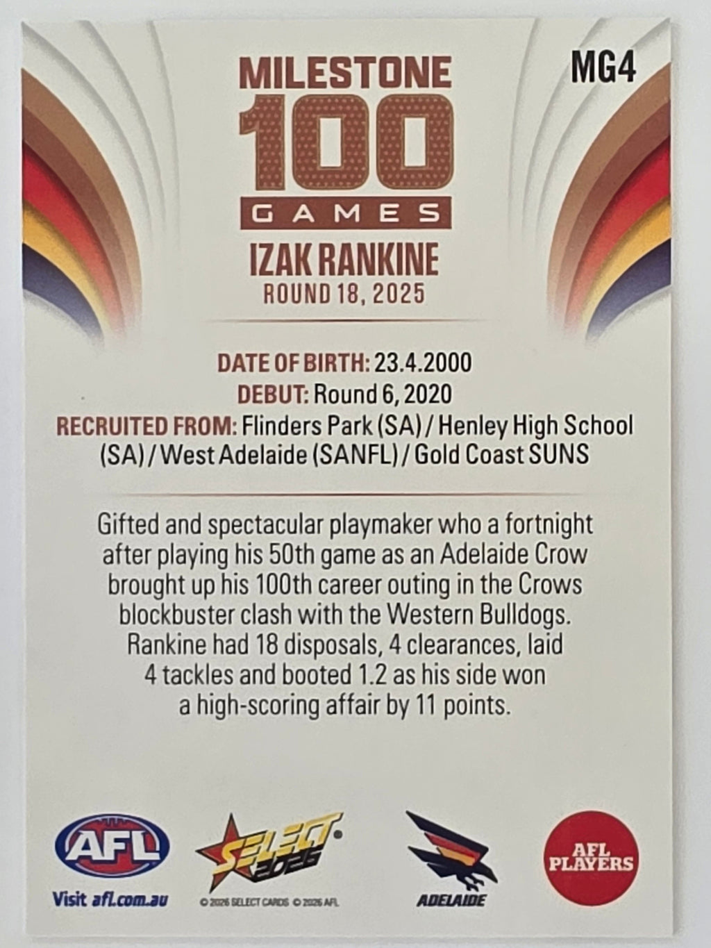 2026 AFL Footy Stars Milestone Games MG4 Izak Rankine - Adelaide Crows