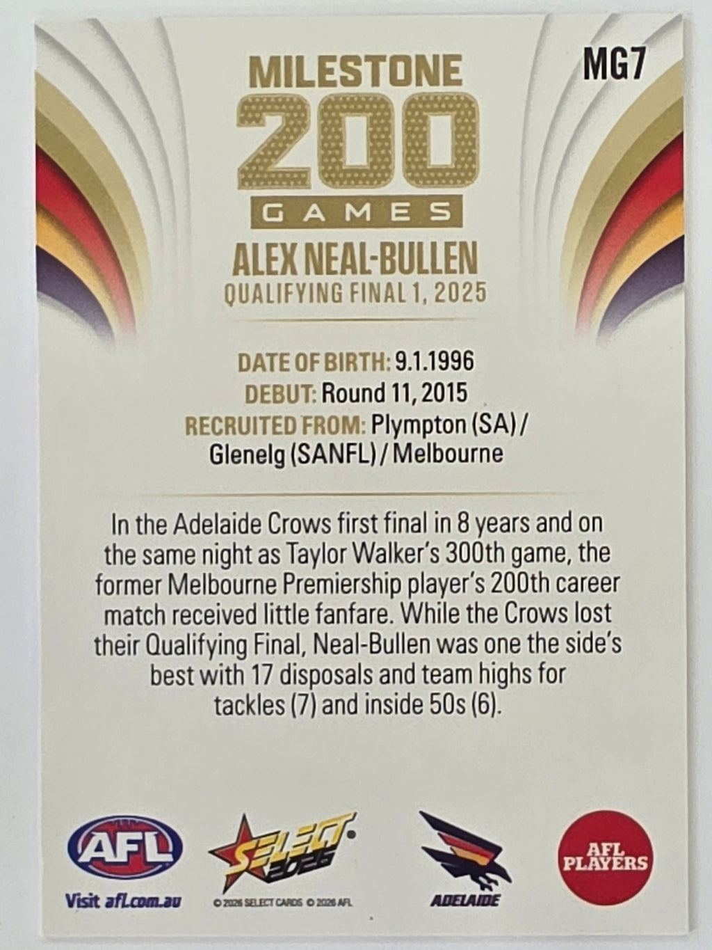 2026 AFL Footy Stars Milestone Games MG7 Alex Neal-Bullen - Adelaide Crows
