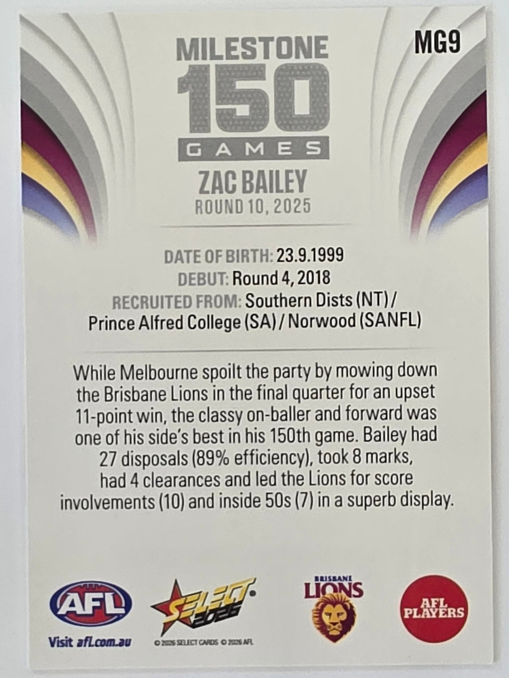 2026 AFL Footy Stars Milestone Games MG9 Zac Bailey - Brisbane Lions