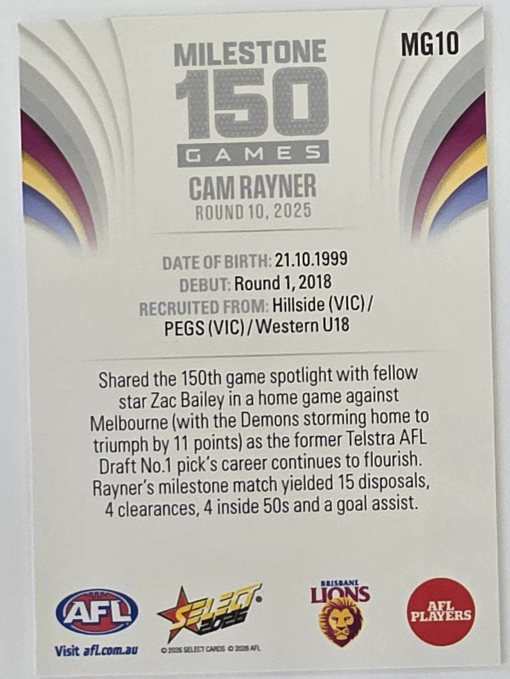 2026 AFL Footy Stars Milestone Games MG10 Cam Rayner - Brisbane Lions