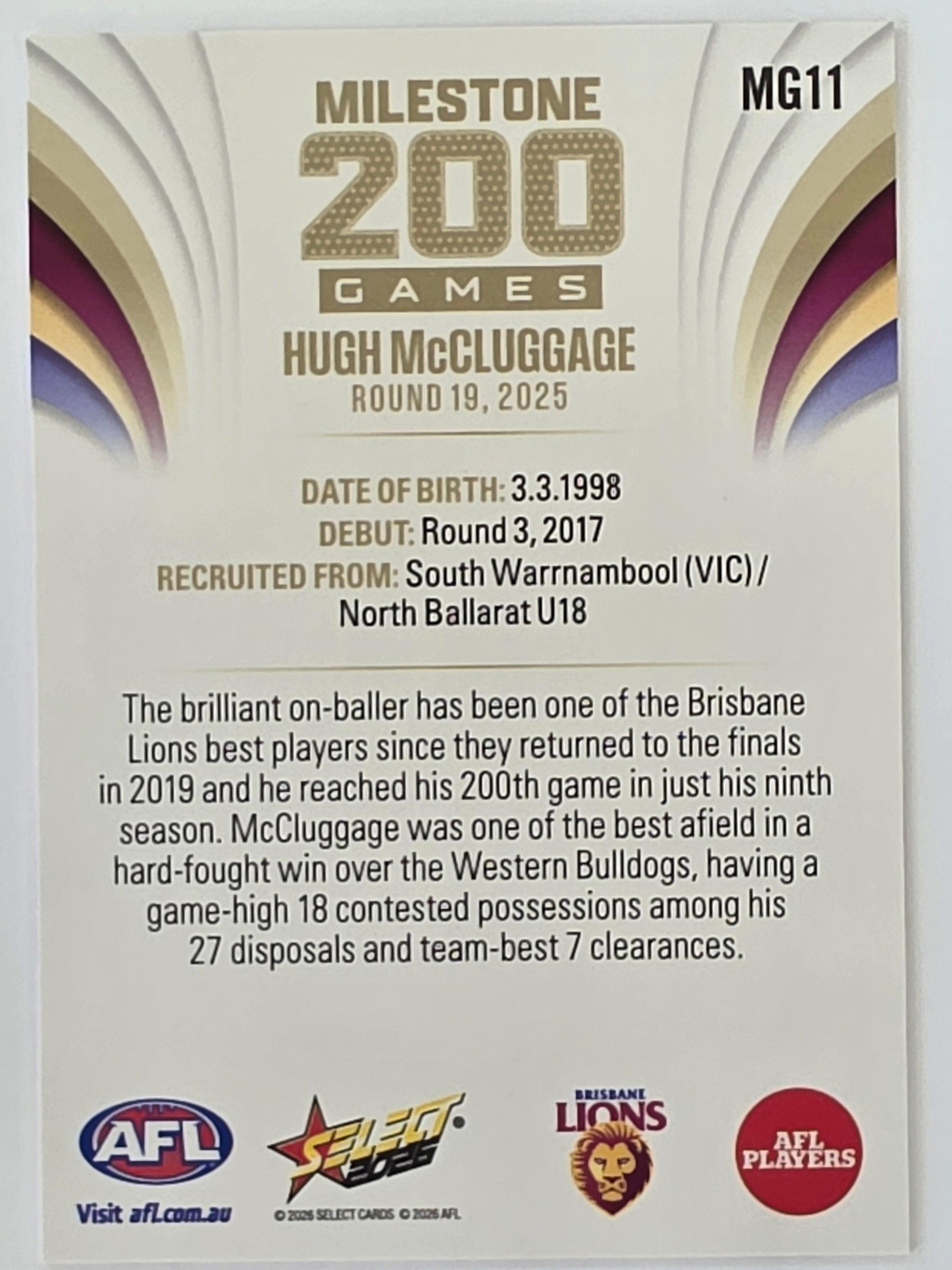 2026 AFL Footy Stars Milestone Games MG11 Hugh McCluggage - Brisbane Lions