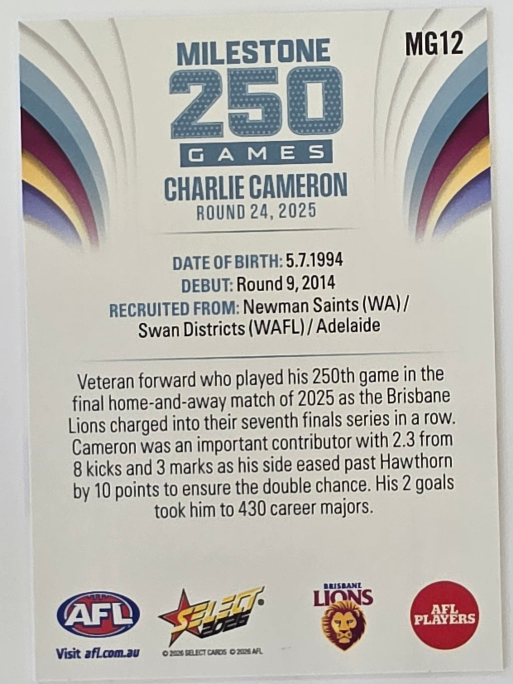 2026 AFL Footy Stars Milestone Games MG12 Charlie Cameron - Brisbane Lions