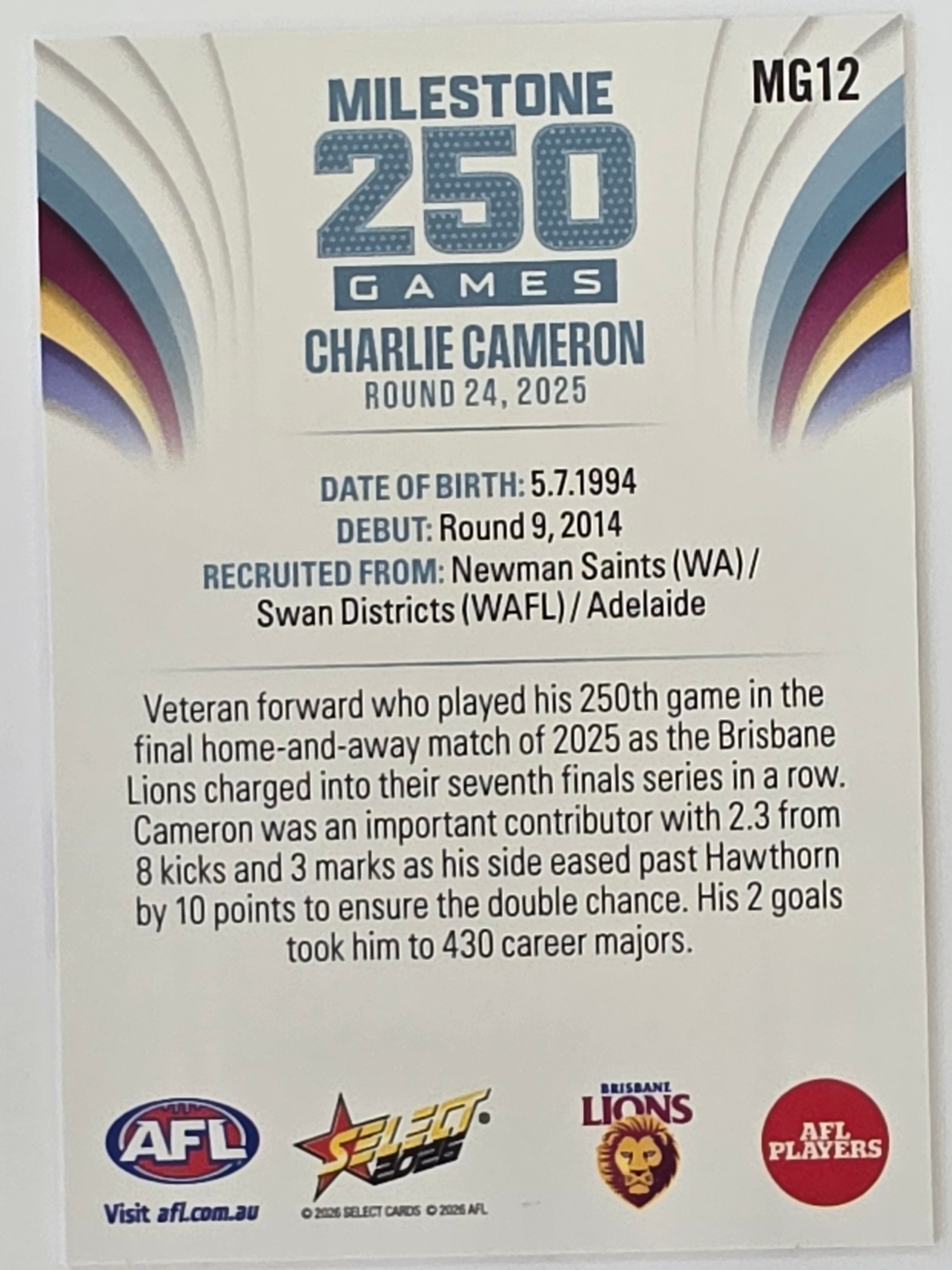 2026 AFL Footy Stars Milestone Games MG12 Charlie Cameron - Brisbane Lions