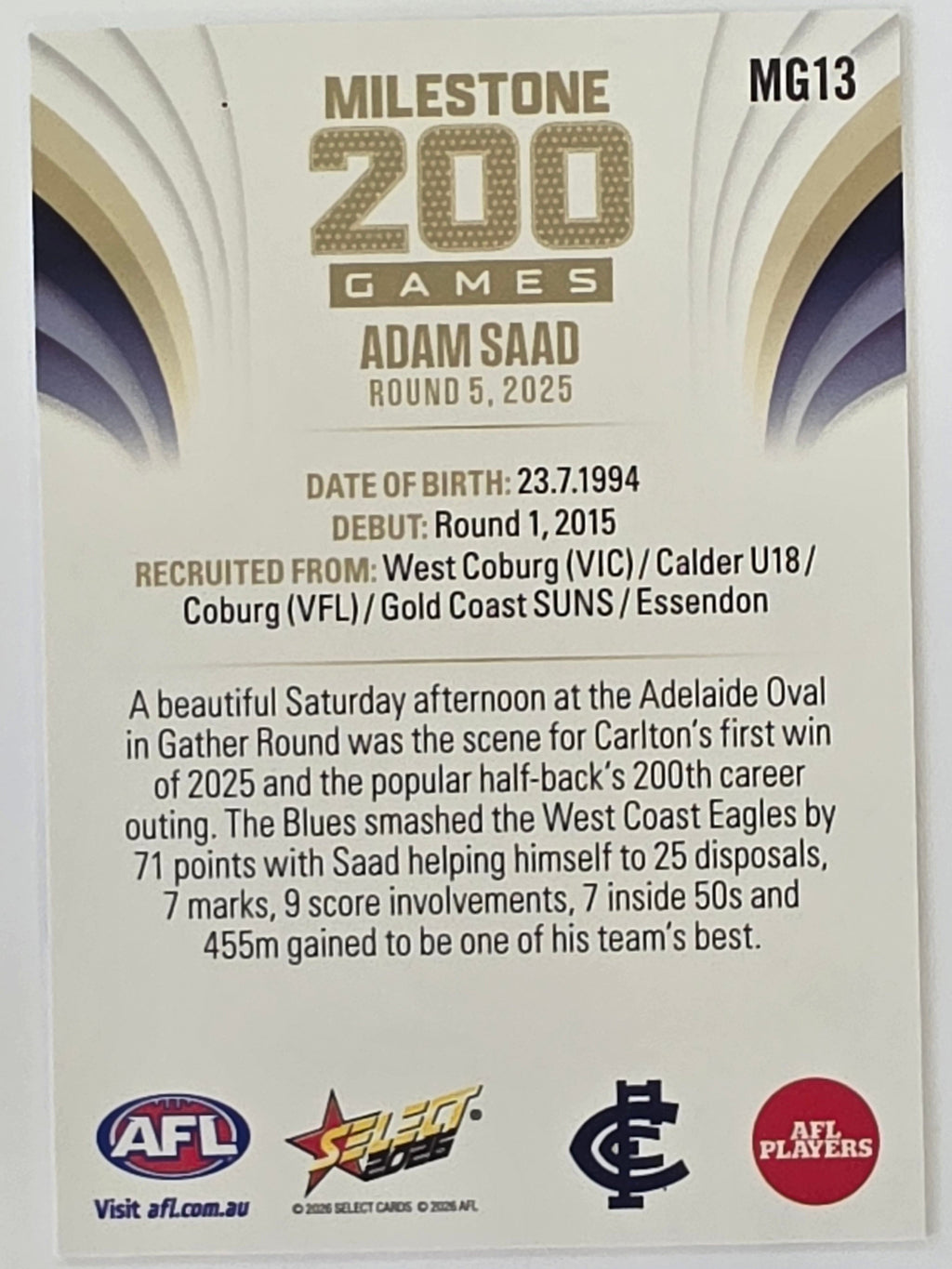 2026 AFL Footy Stars Milestone Games MG13 Adam Saad - Carlton Blues
