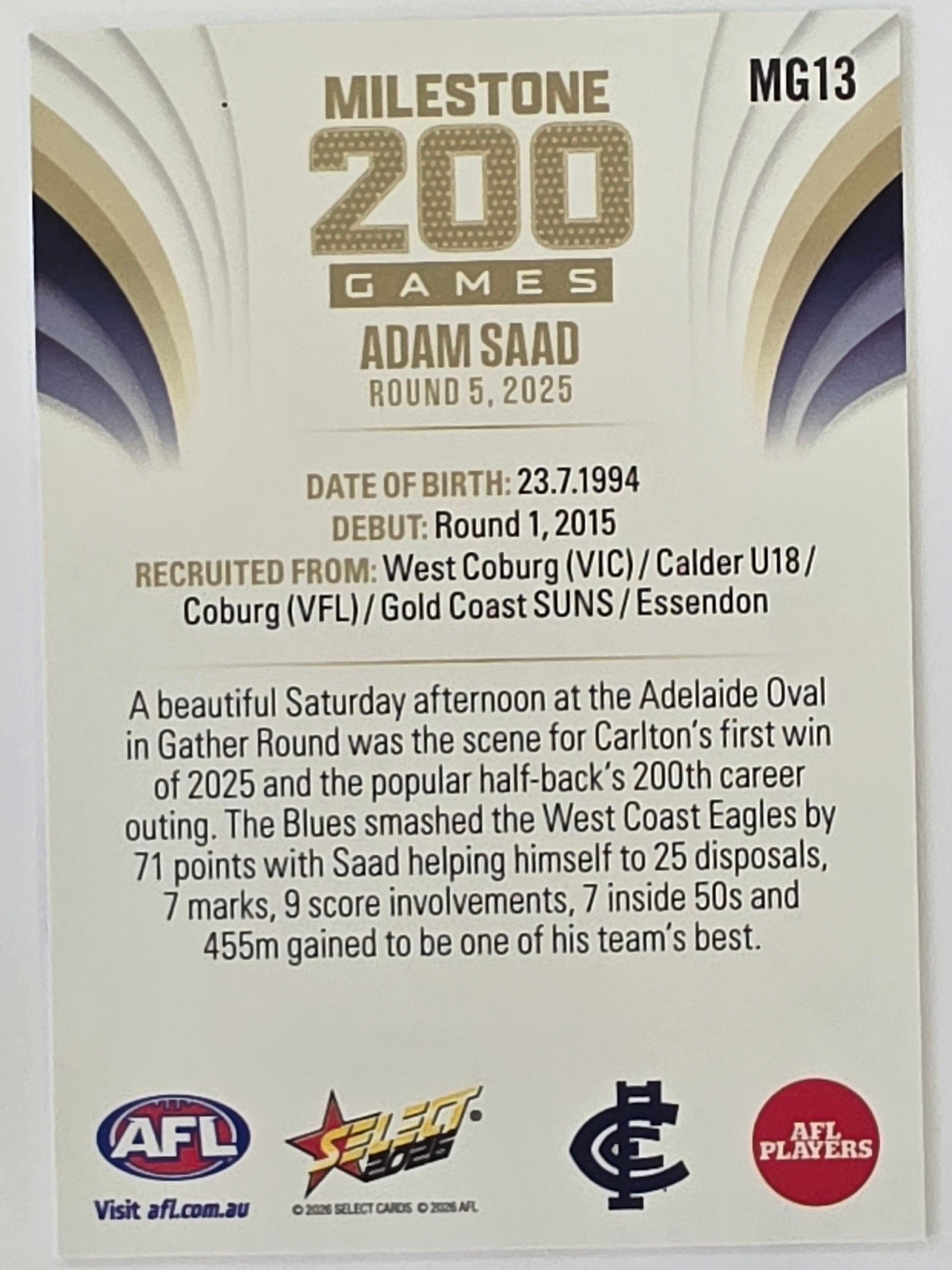 2026 AFL Footy Stars Milestone Games MG13 Adam Saad - Carlton Blues