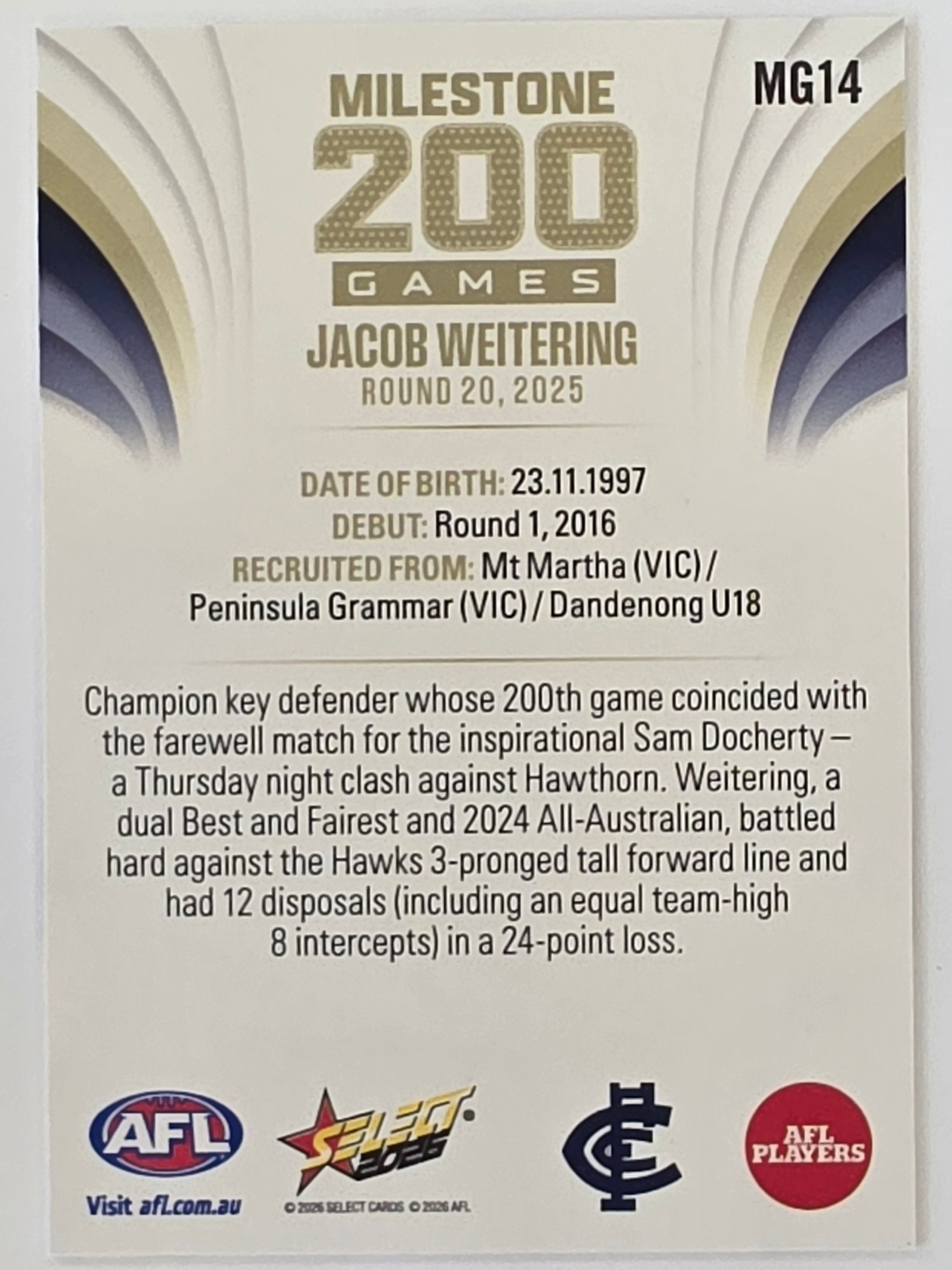 2026 AFL Footy Stars Milestone Games MG14 Jacob Weitering - Carlton Blues