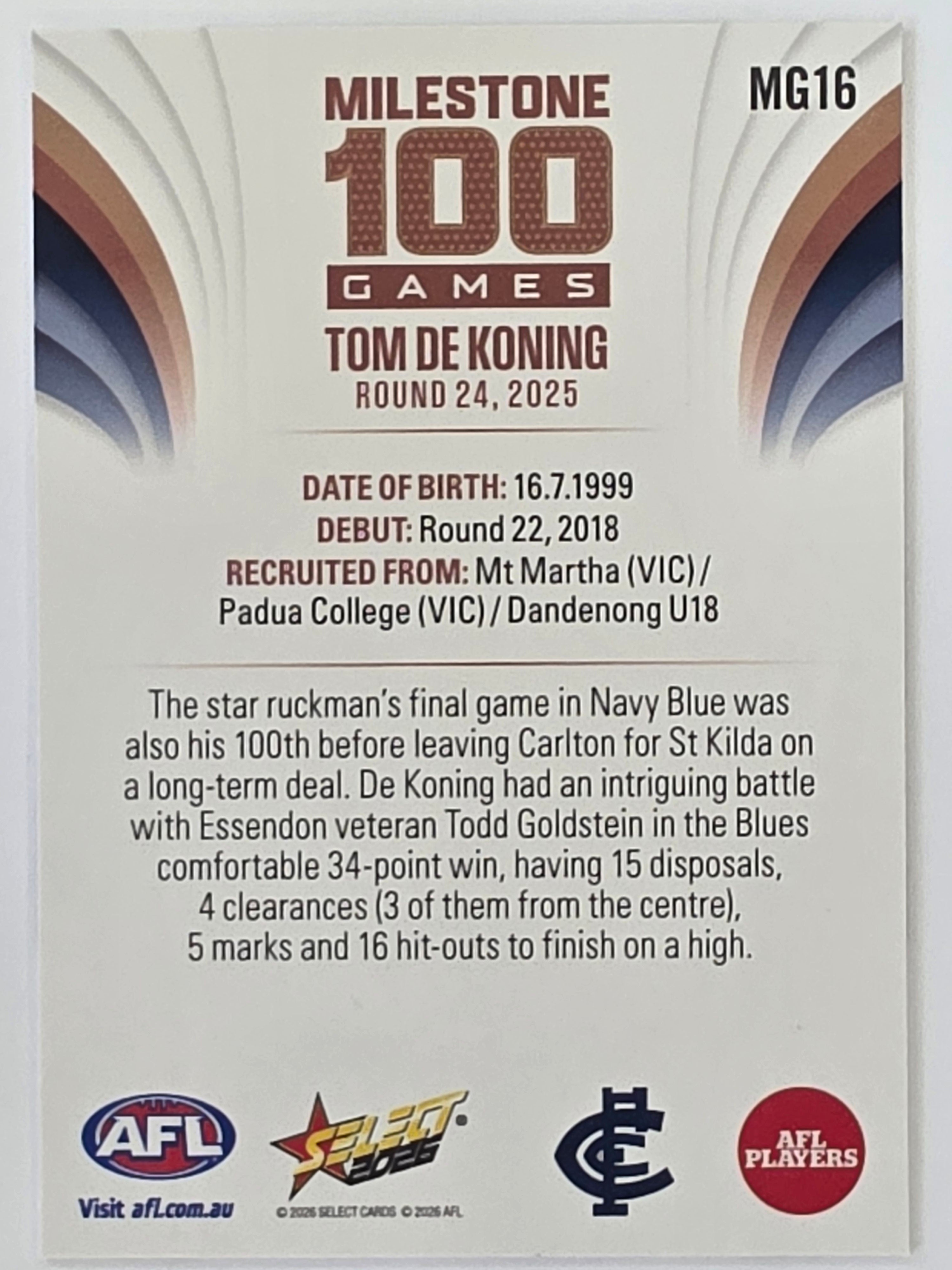 2026 AFL Footy Stars Milestone Games MG16 Tom De Koning - Carlton Blues