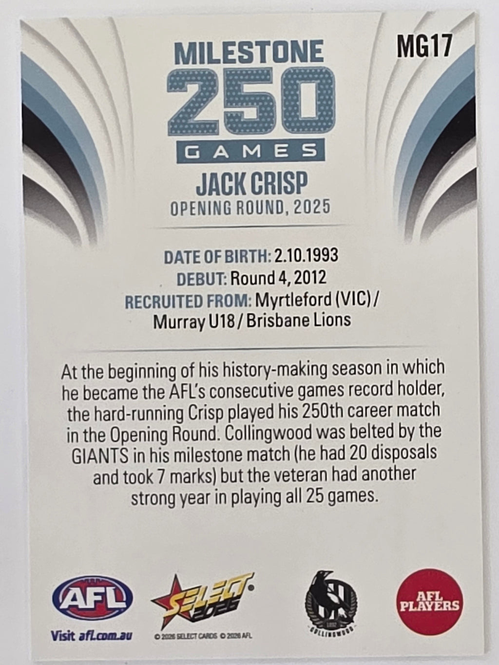 2026 AFL Footy Stars Milestone Games MG17 Jack Crisp - Collingwood Magpies