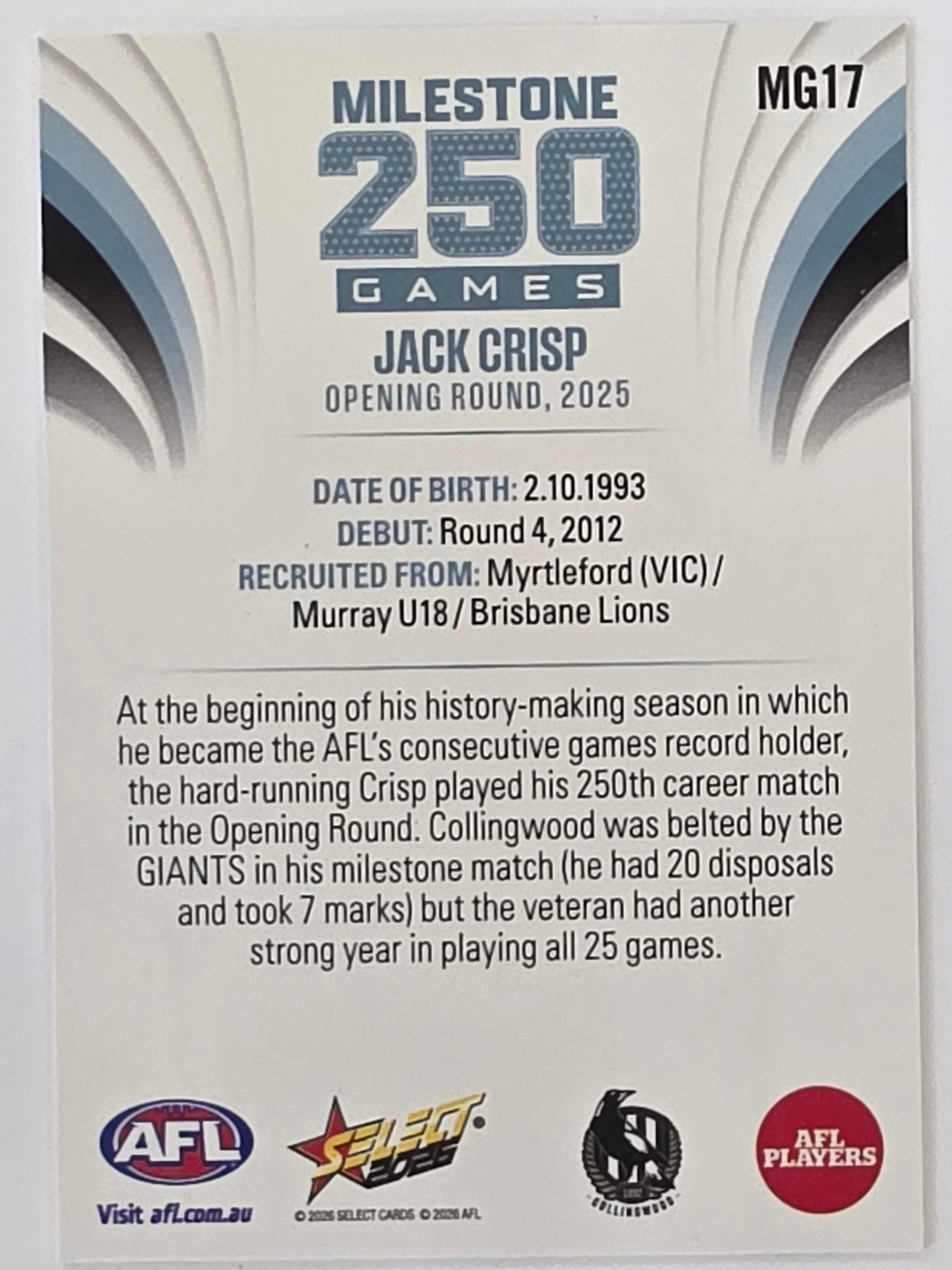 2026 AFL Footy Stars Milestone Games MG17 Jack Crisp - Collingwood Magpies
