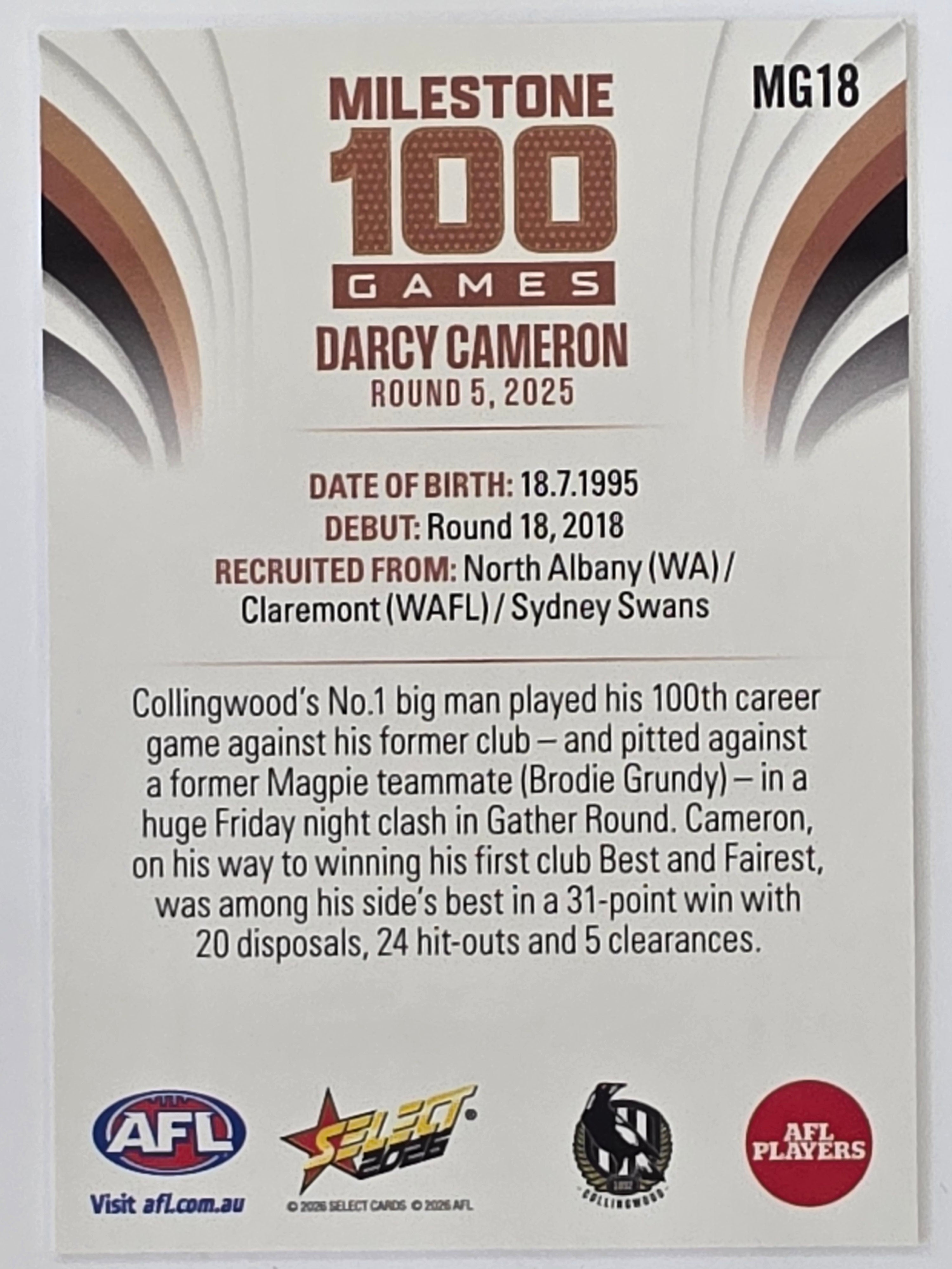 2026 AFL Footy Stars Milestone Games MG18 Darcy Cameron - Collingwood Magpies