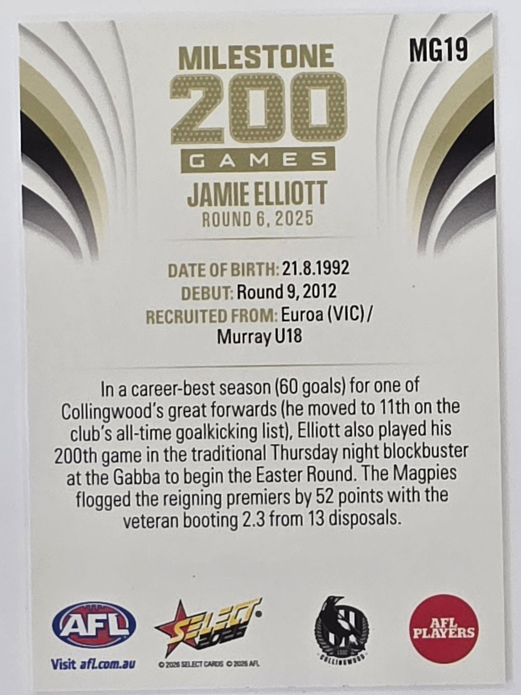 2026 AFL Footy Stars Milestone Games MG19 Jamie Elliott - Collingwood Magpies