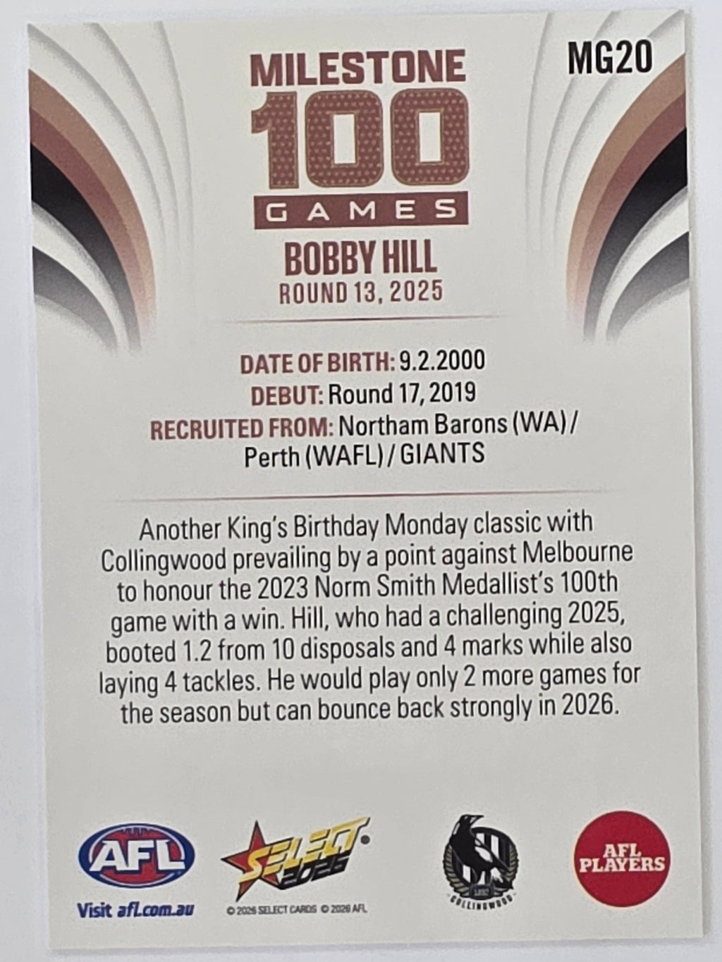 2026 AFL Footy Stars Milestone Games MG20 Bobby Hill - Collingwood Magpies