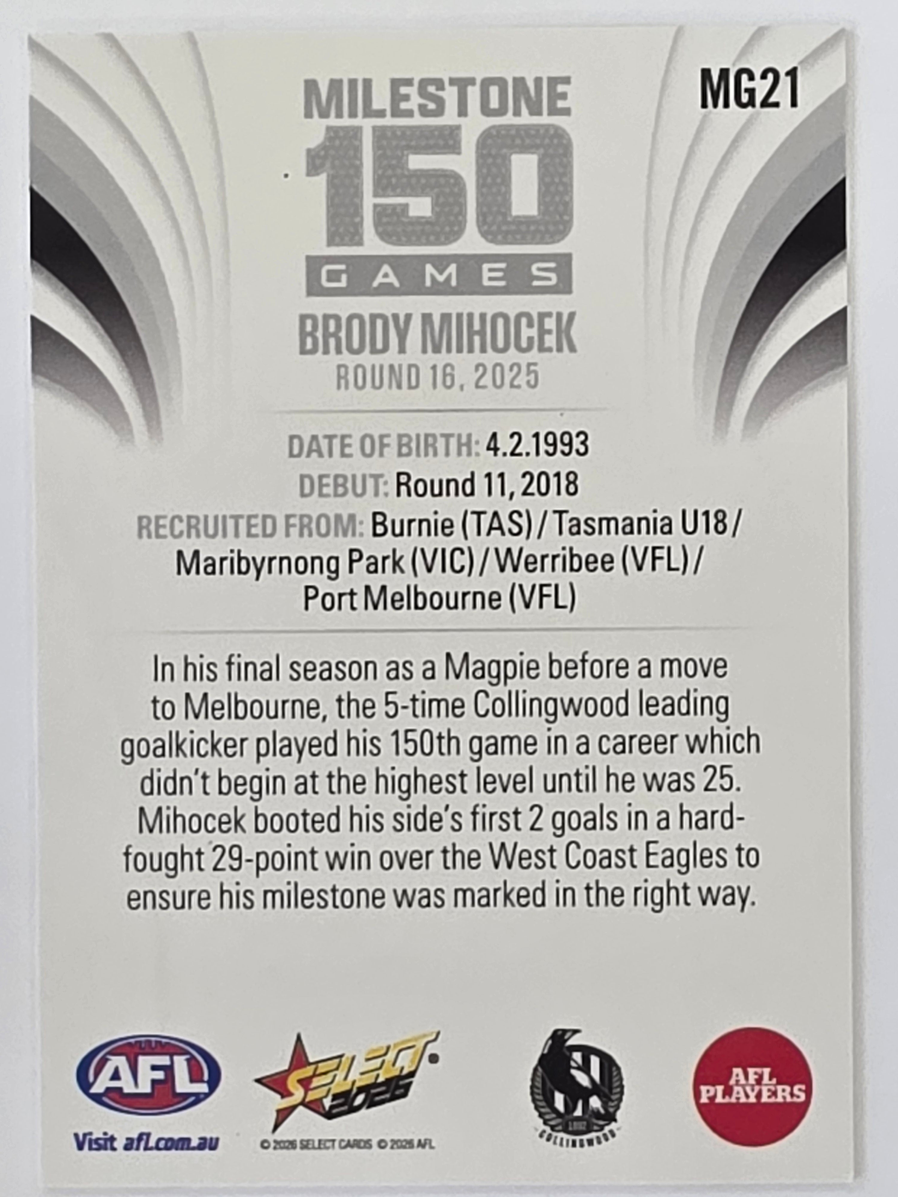 2026 AFL Footy Stars Milestone Games MG21 Brody Mihocek - Collingwood Magpies