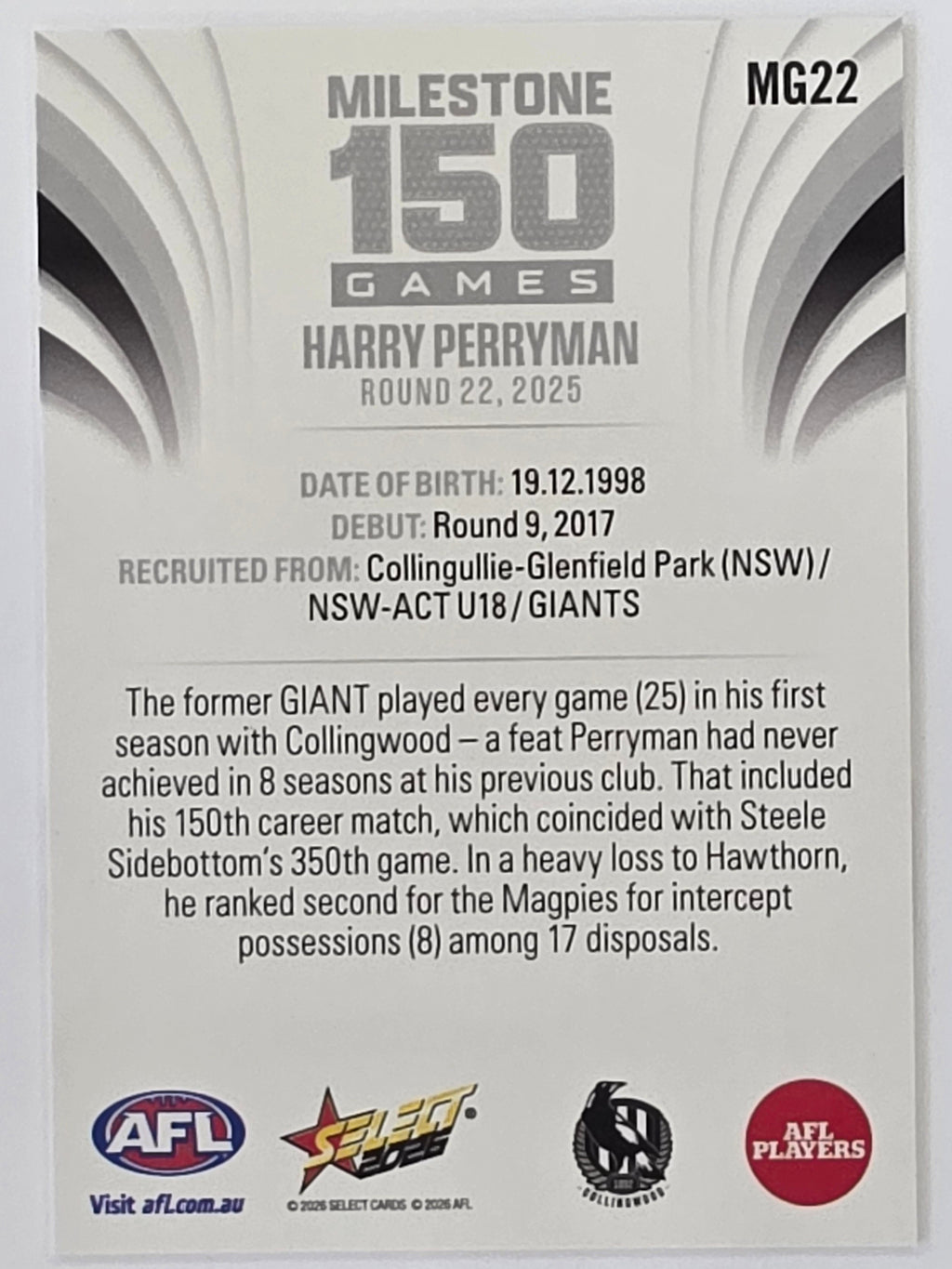 2026 AFL Footy Stars Milestone Games MG22 Harry Perryman - Collingwood Magpies