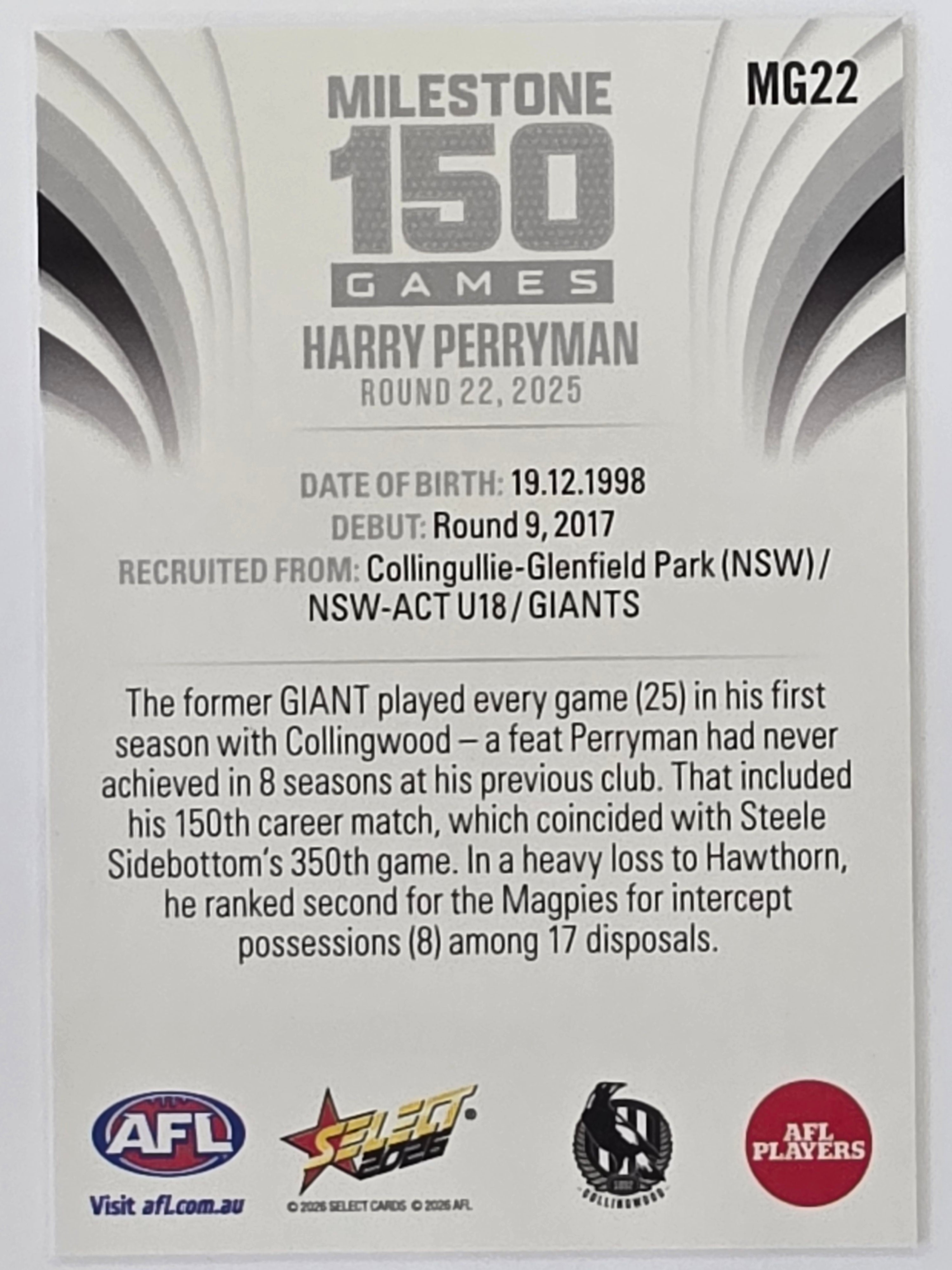 2026 AFL Footy Stars Milestone Games MG22 Harry Perryman - Collingwood Magpies