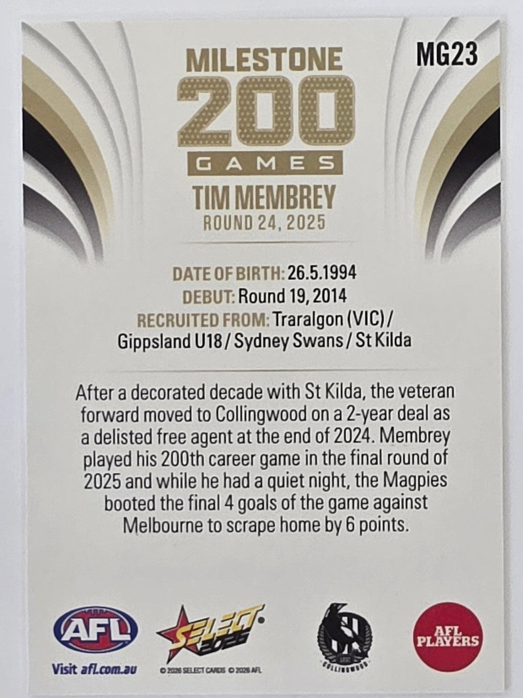 2026 AFL Footy Stars Milestone Games MG23 Tim Membrey - Collingwood Magpies