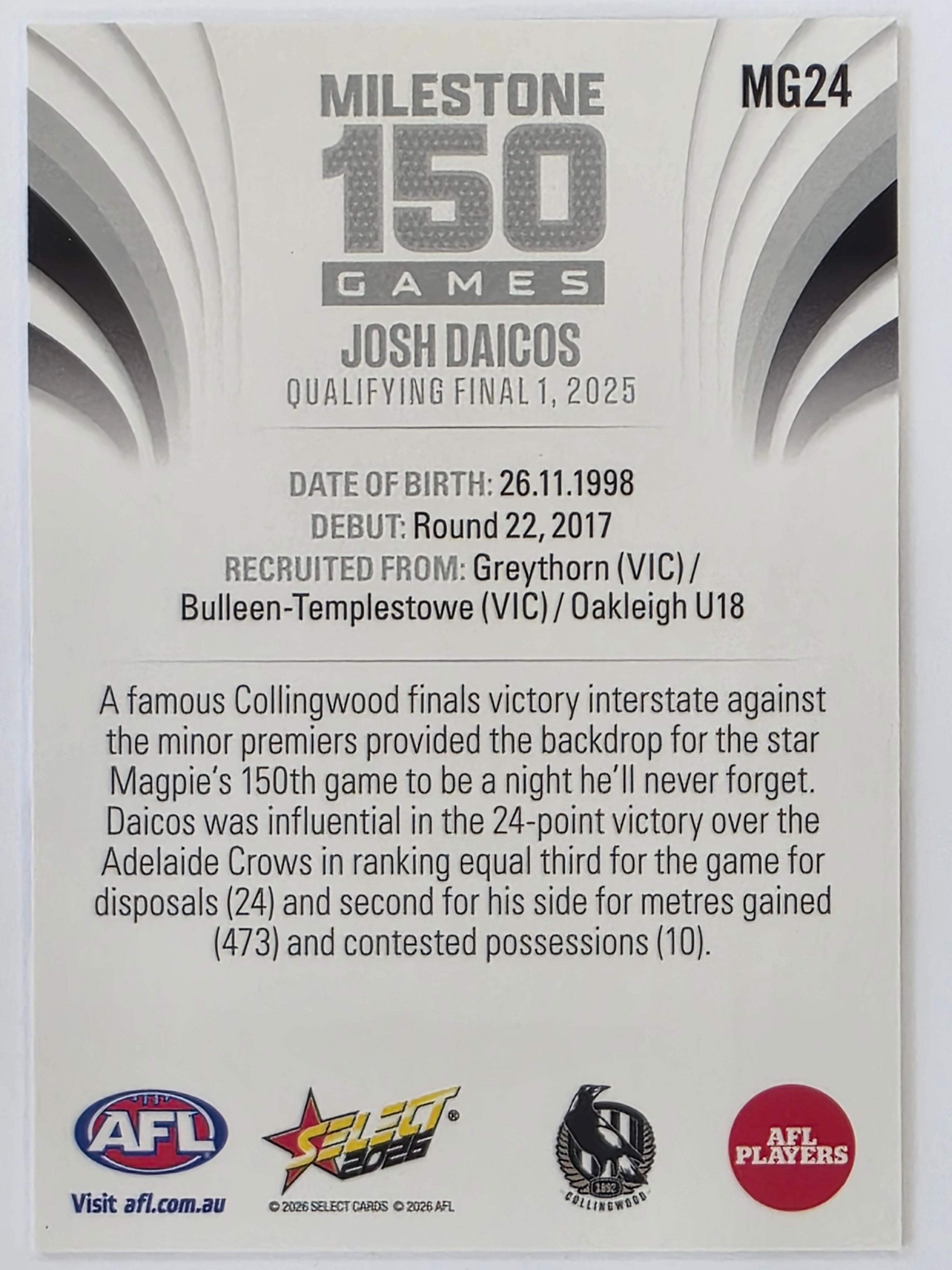 2026 AFL Footy Stars Milestone Games MG24 Josh Daicos - Collingwood Magpies