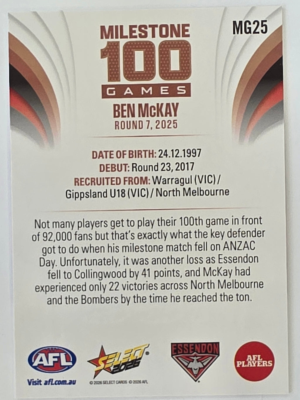 2026 AFL Footy Stars Milestone Games MG25 Ben McKay - Essendon Bombers