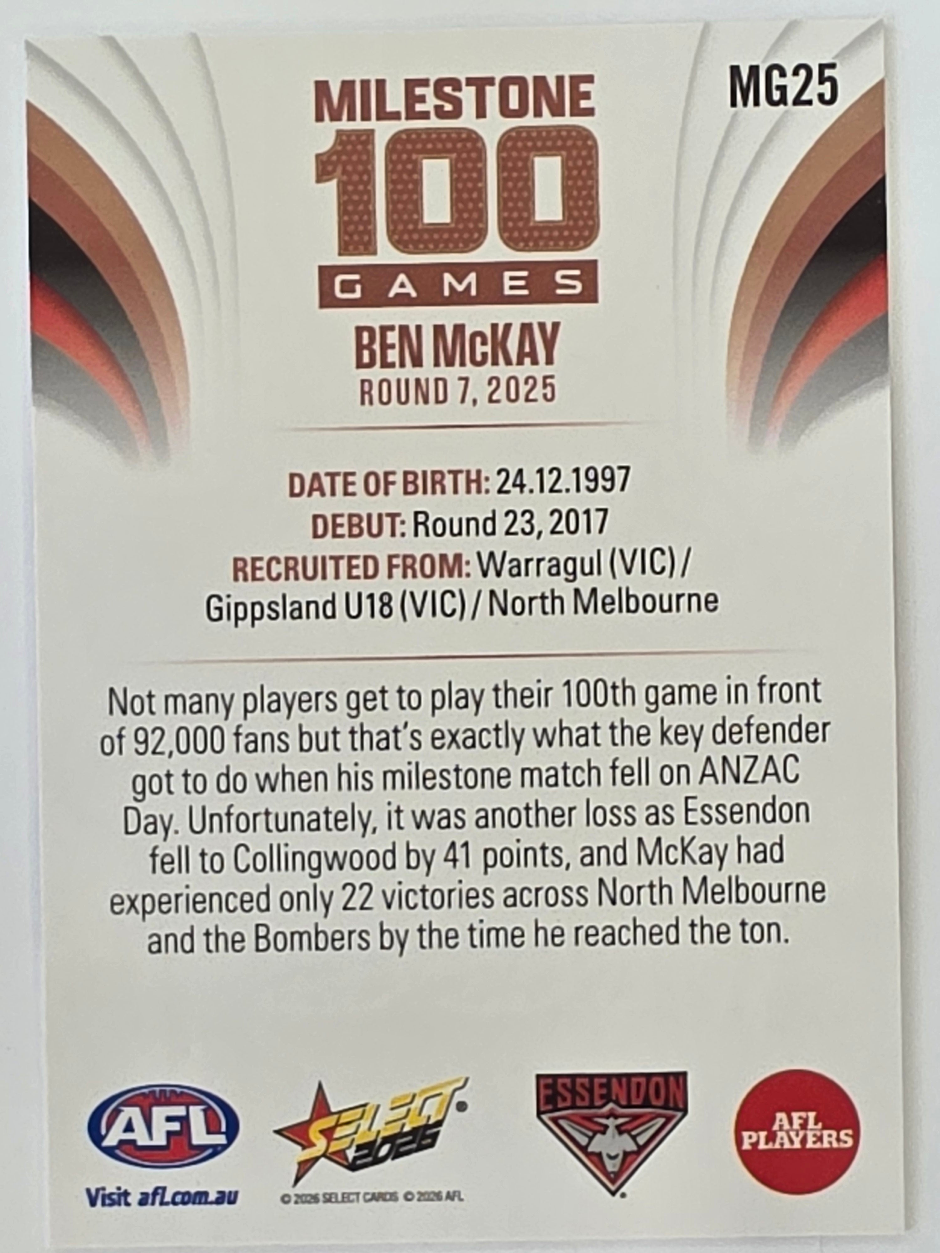 2026 AFL Footy Stars Milestone Games MG25 Ben McKay - Essendon Bombers