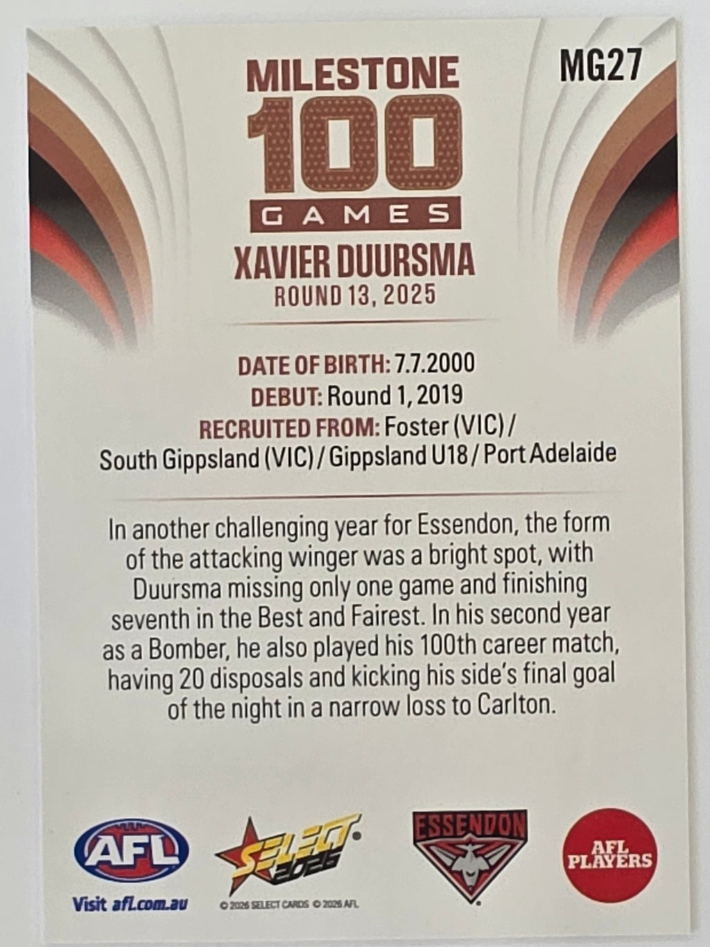2026 AFL Footy Stars Milestone Games MG27 Xavier Duursma - Essendon Bombers