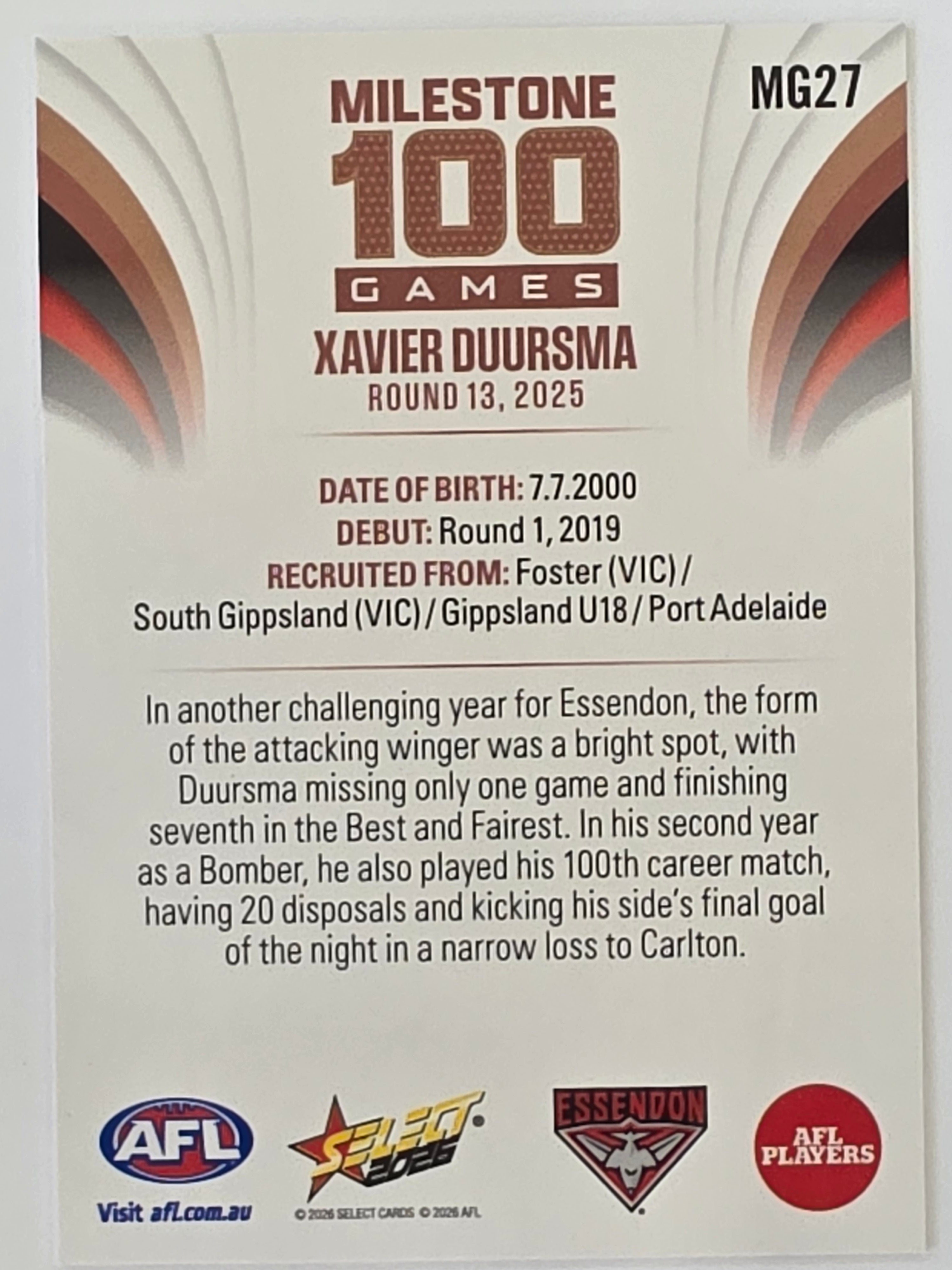 2026 AFL Footy Stars Milestone Games MG27 Xavier Duursma - Essendon Bombers