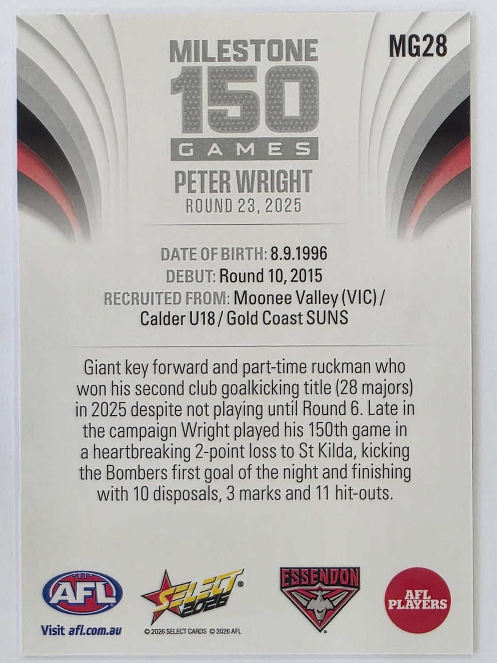 2026 AFL Footy Stars Milestone Games MG28 Peter Wright - Essendon Bombers