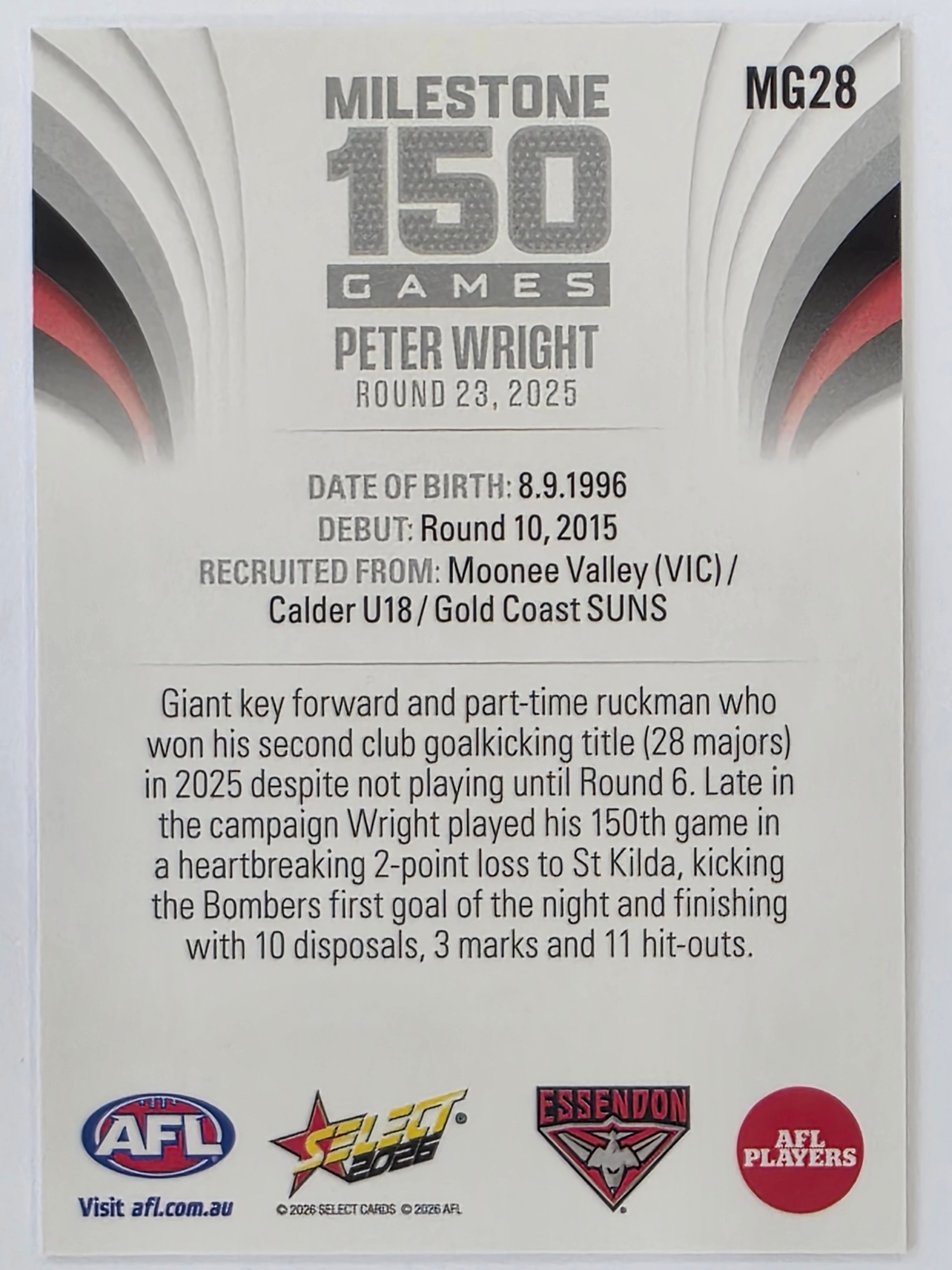 2026 AFL Footy Stars Milestone Games MG28 Peter Wright - Essendon Bombers