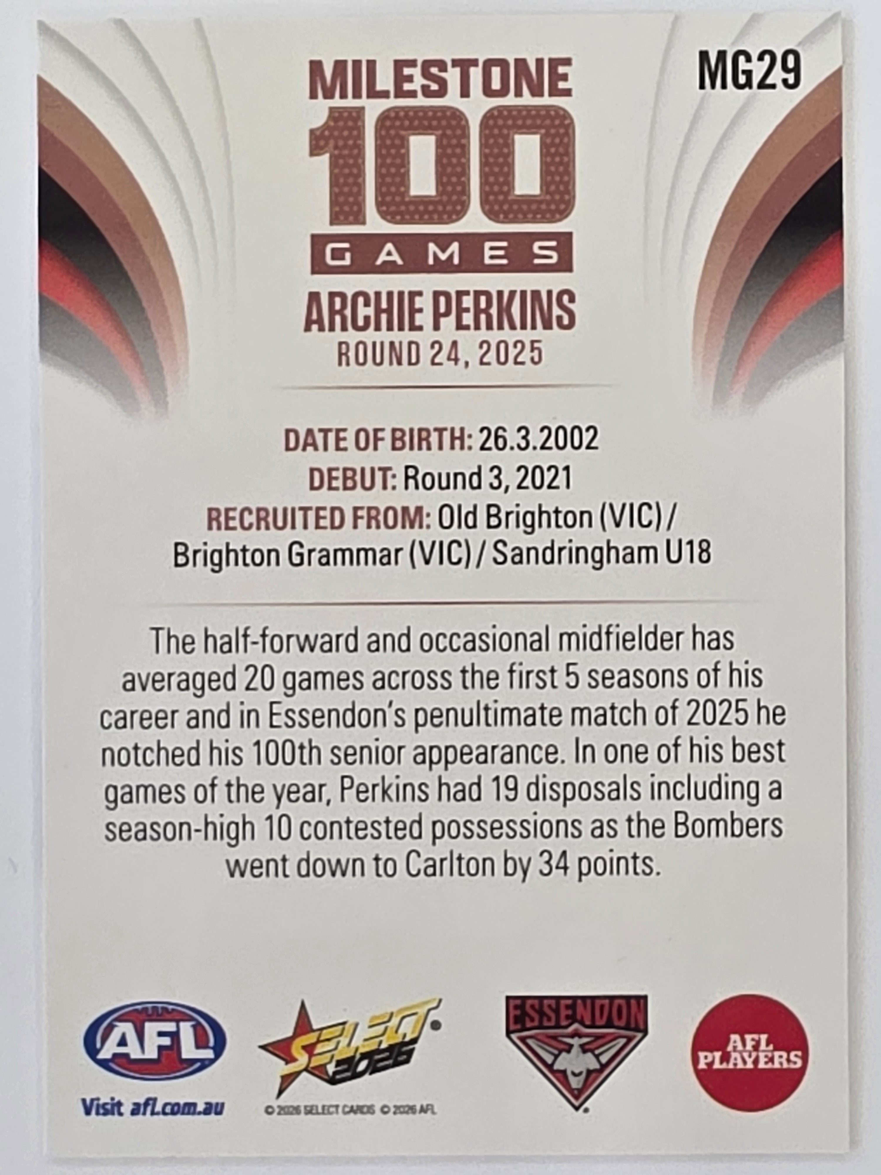 2026 AFL Footy Stars Milestone Games MG29 Archie Perkins - Essendon Bombers