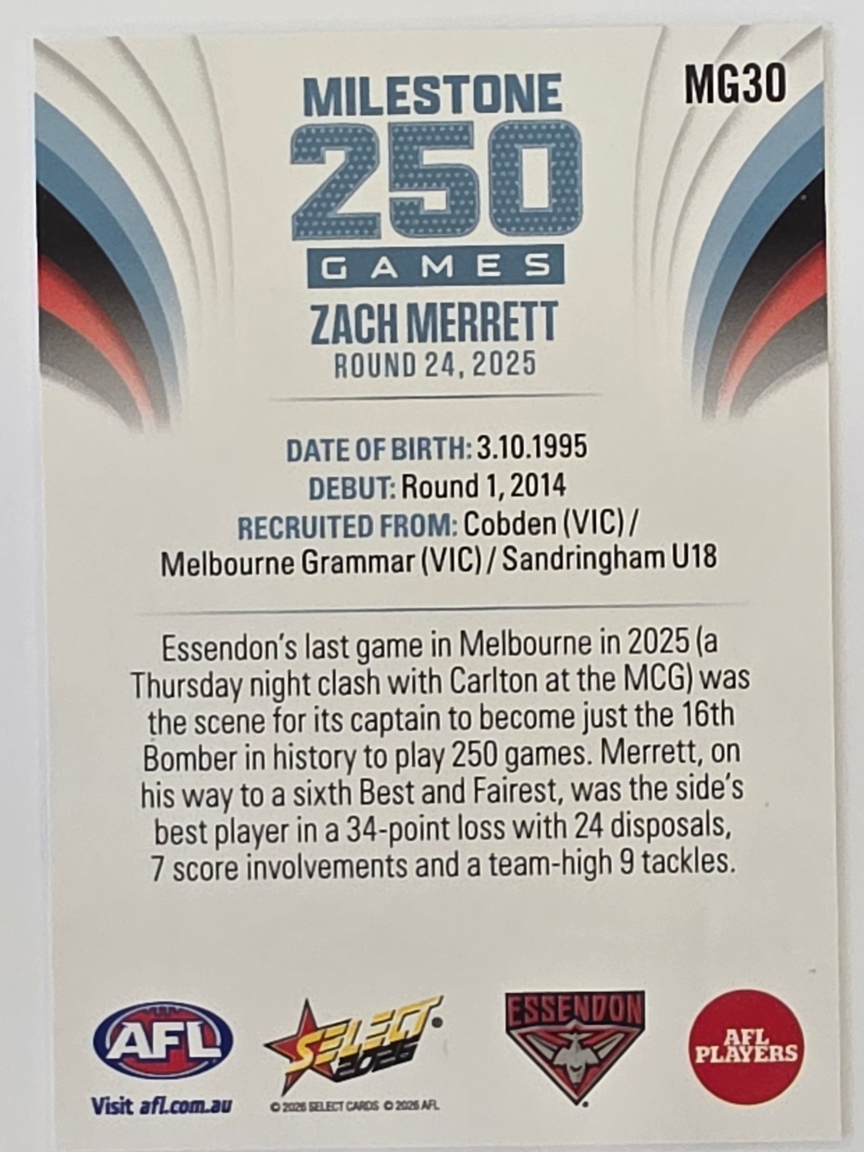 2026 AFL Footy Stars Milestone Games MG30 Zach Merrett - Essendon Bombers