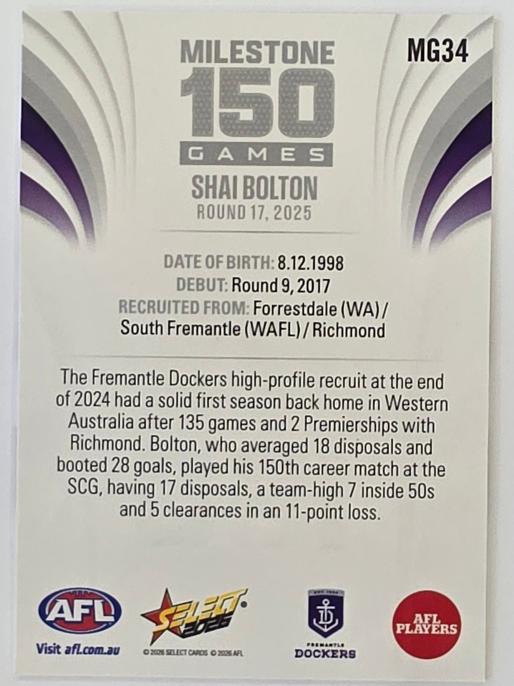2026 AFL Footy Stars Milestone Games MG34 Shai Bolton - Fremantle Dockers