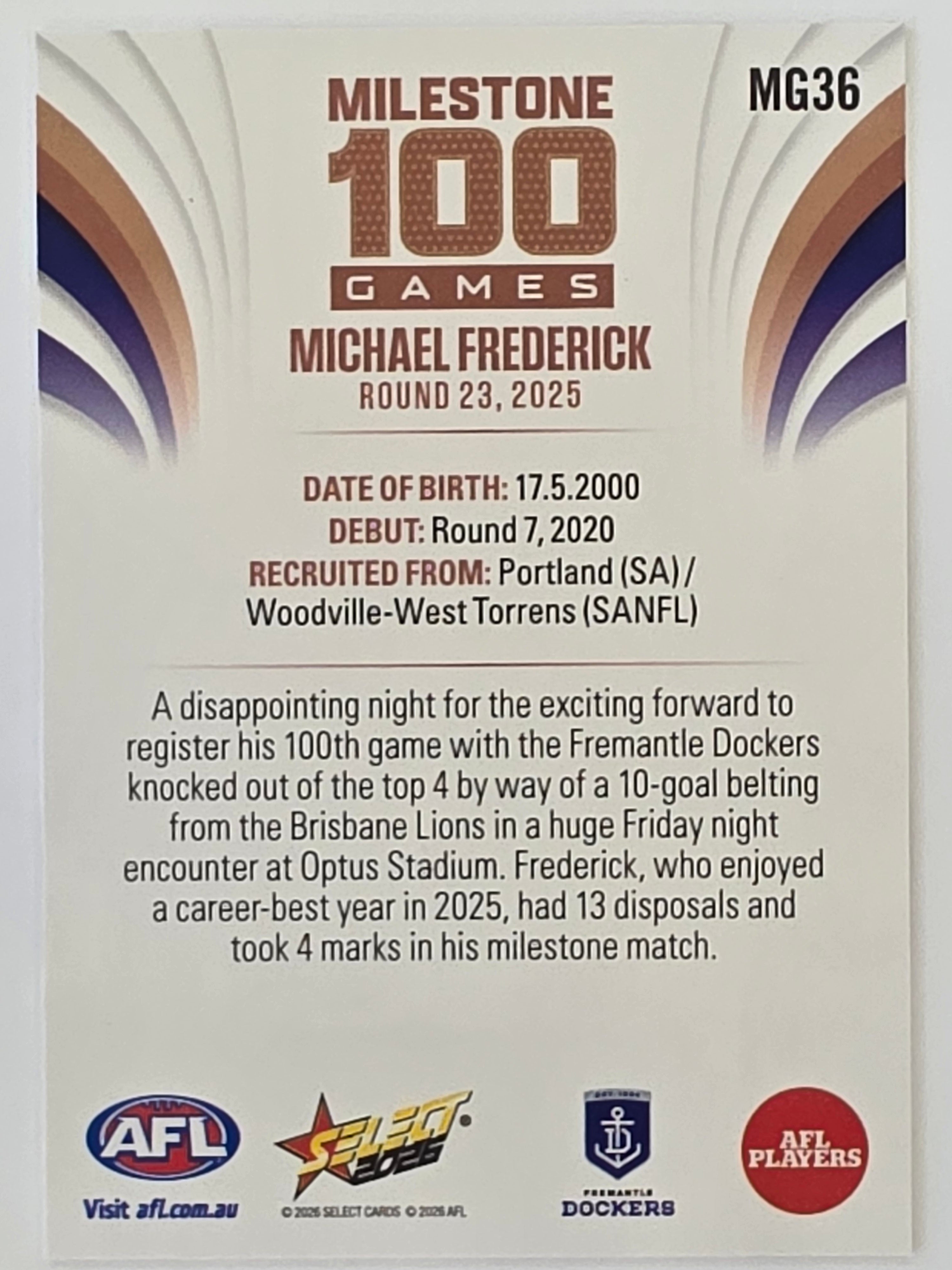 2026 AFL Footy Stars Milestone Games MG36 Michael Frederick - Fremantle Dockers