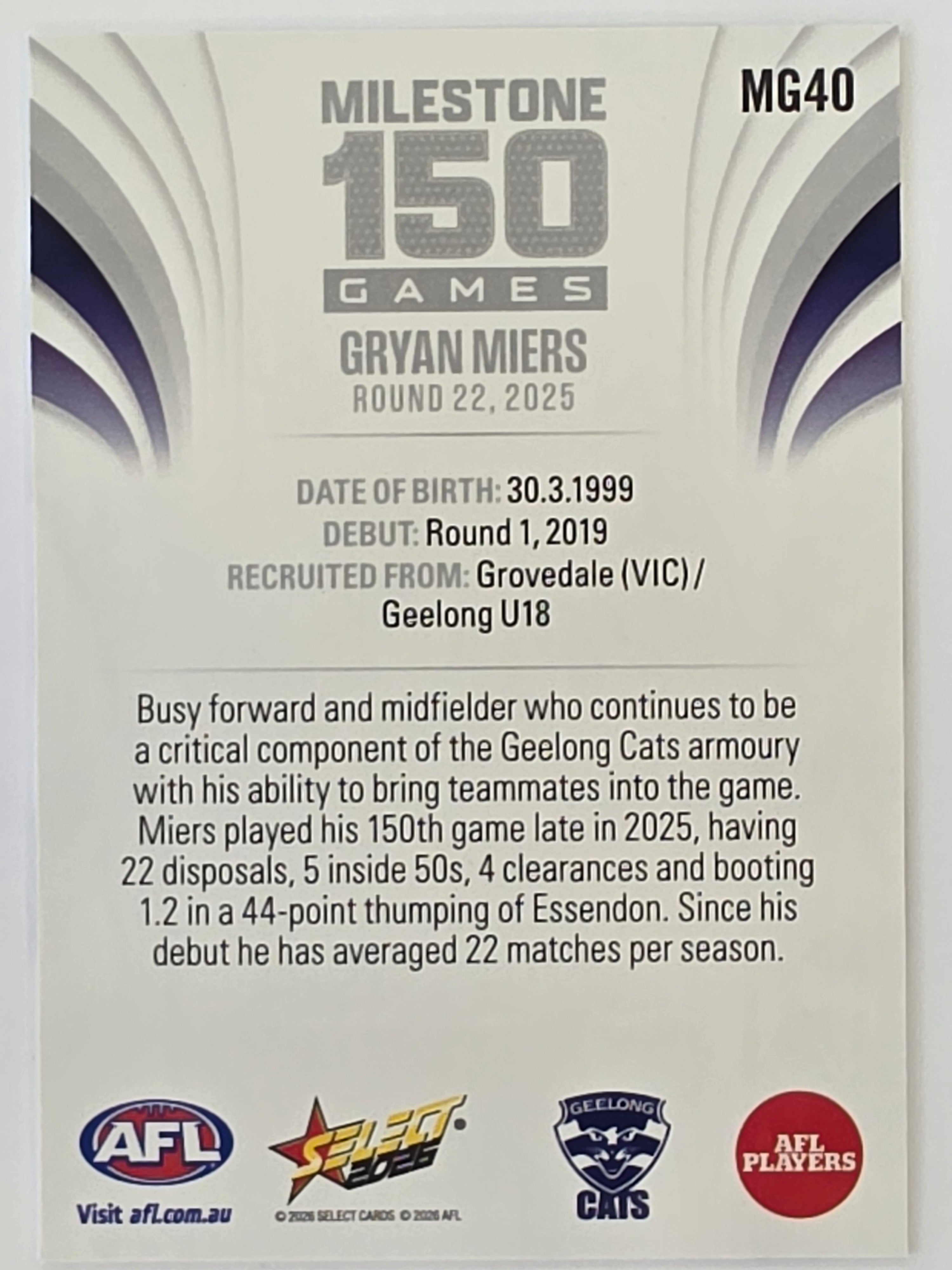 2026 AFL Footy Stars Milestone Games MG40 Gryan Miers - Geelong Cats
