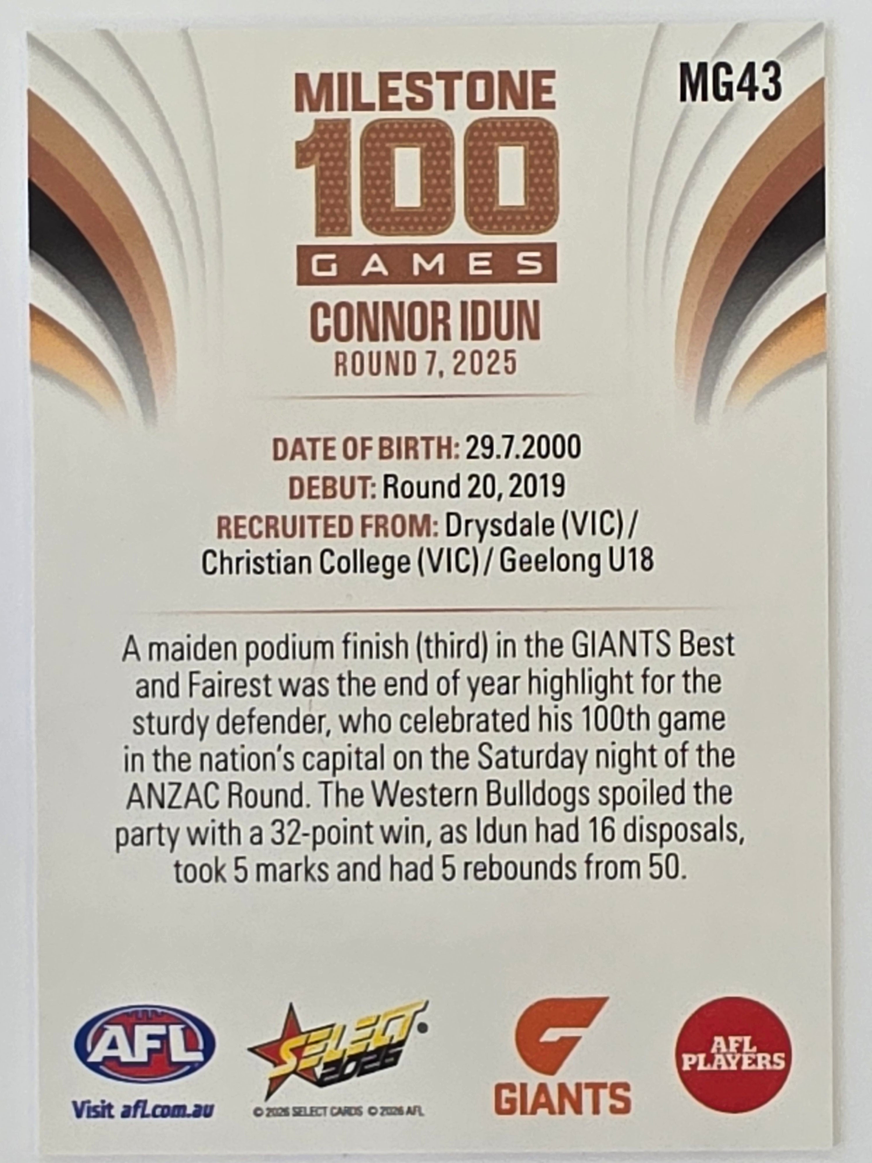 2026 AFL Footy Stars Milestone Games MG43 Connor Idun - GWS Giants