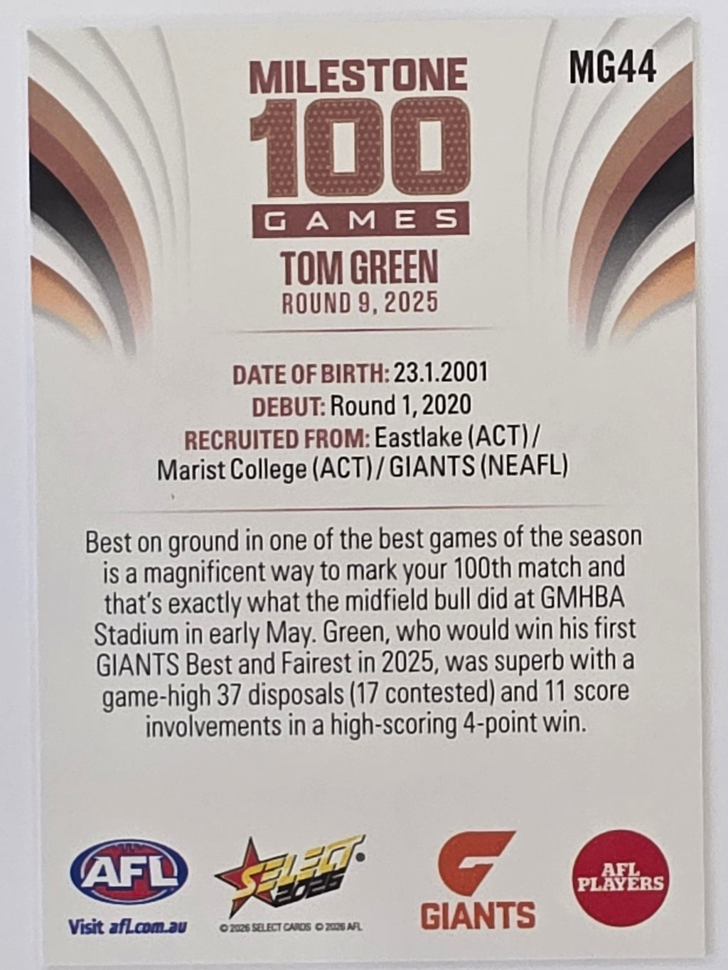 2026 AFL Footy Stars Milestone Games MG44 Tom Green - GWS Giants