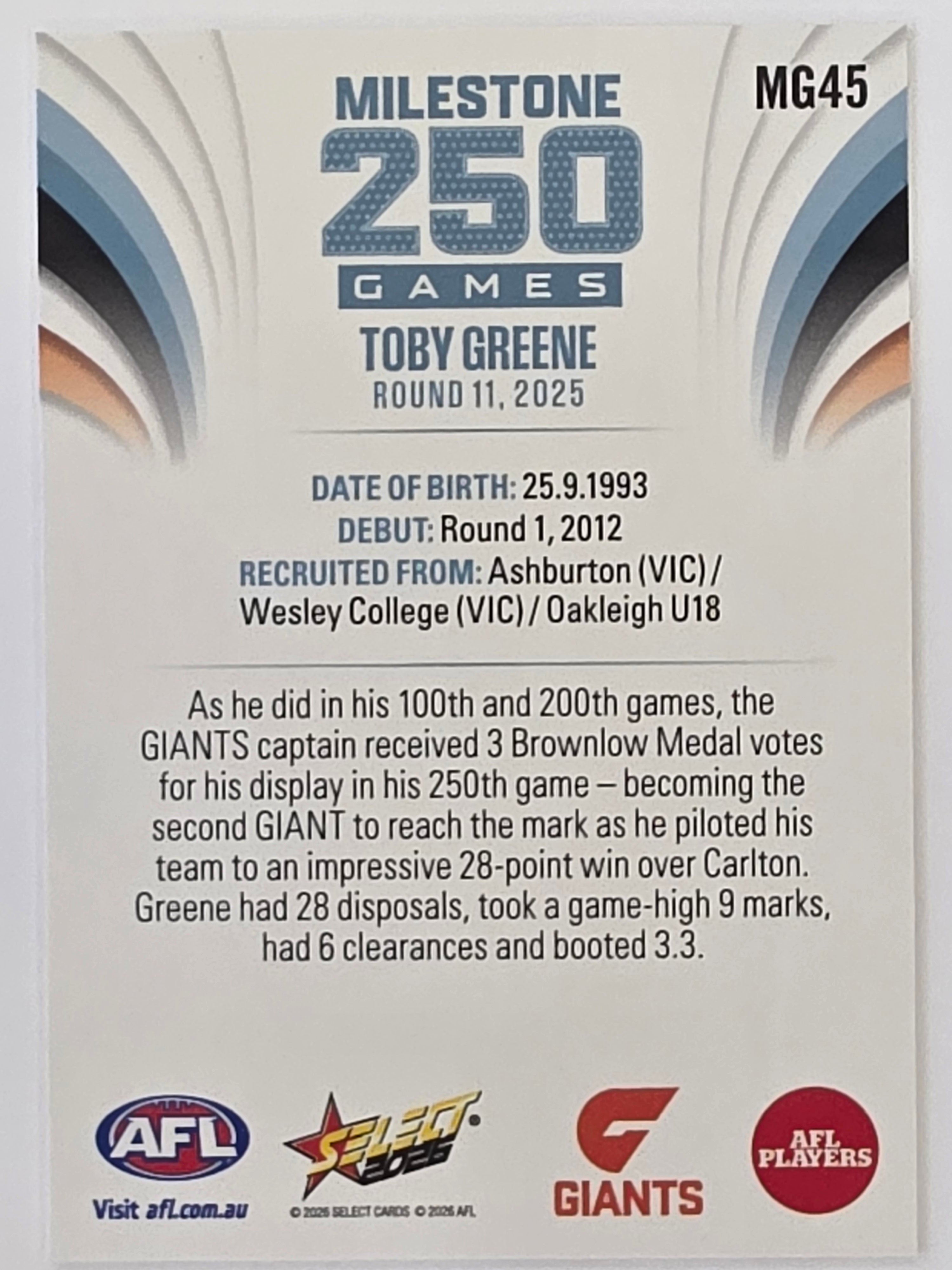 2026 AFL Footy Stars Milestone Games MG45 Toby Greene - GWS Giants