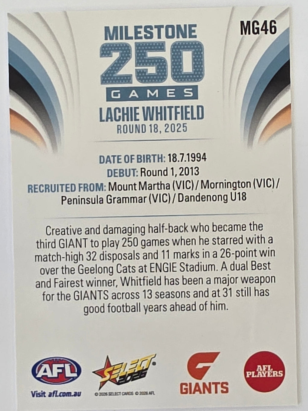2026 AFL Footy Stars Milestone Games MG46 Lachie Whitfield - GWS Giants