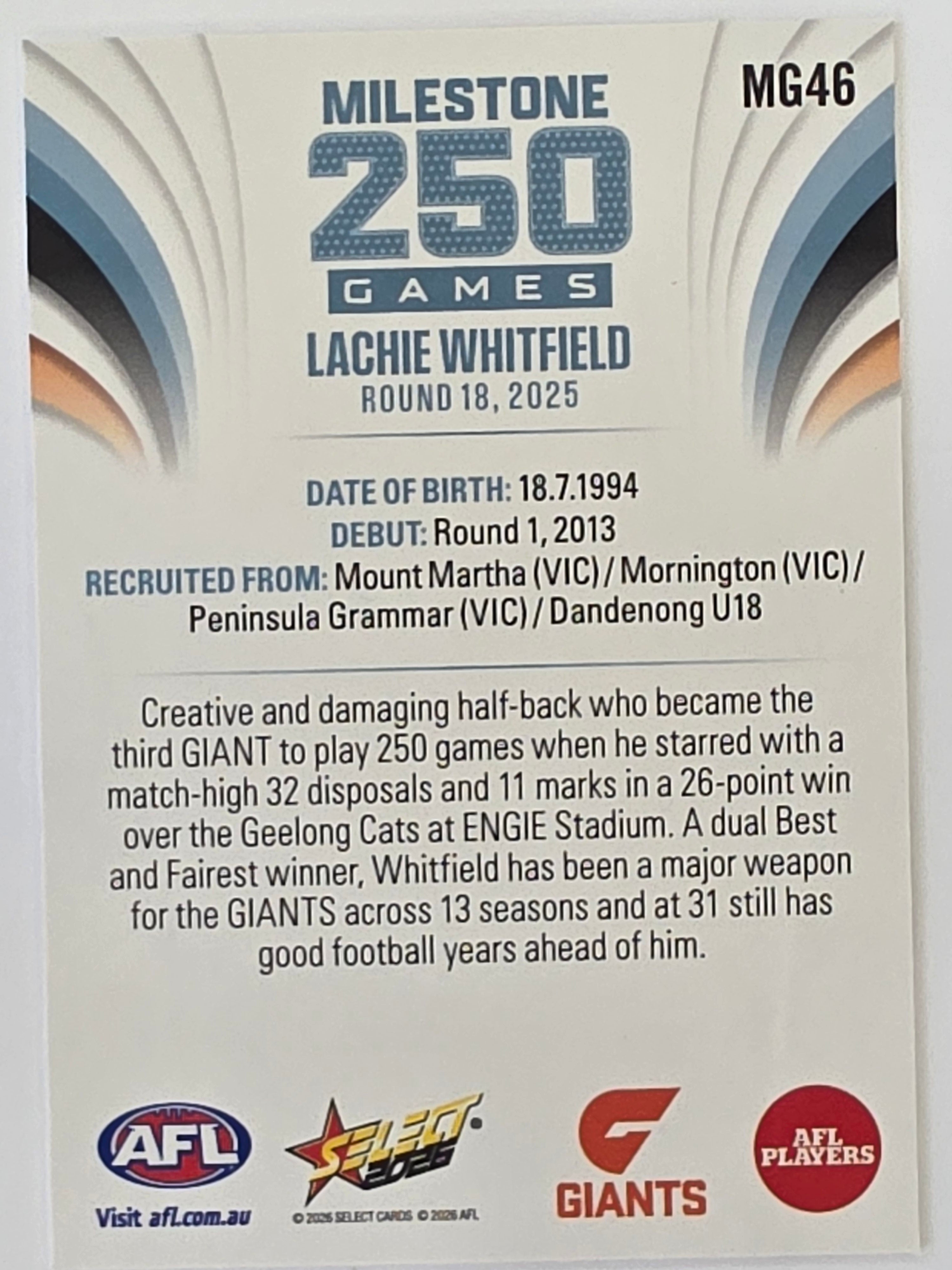 2026 AFL Footy Stars Milestone Games MG46 Lachie Whitfield - GWS Giants