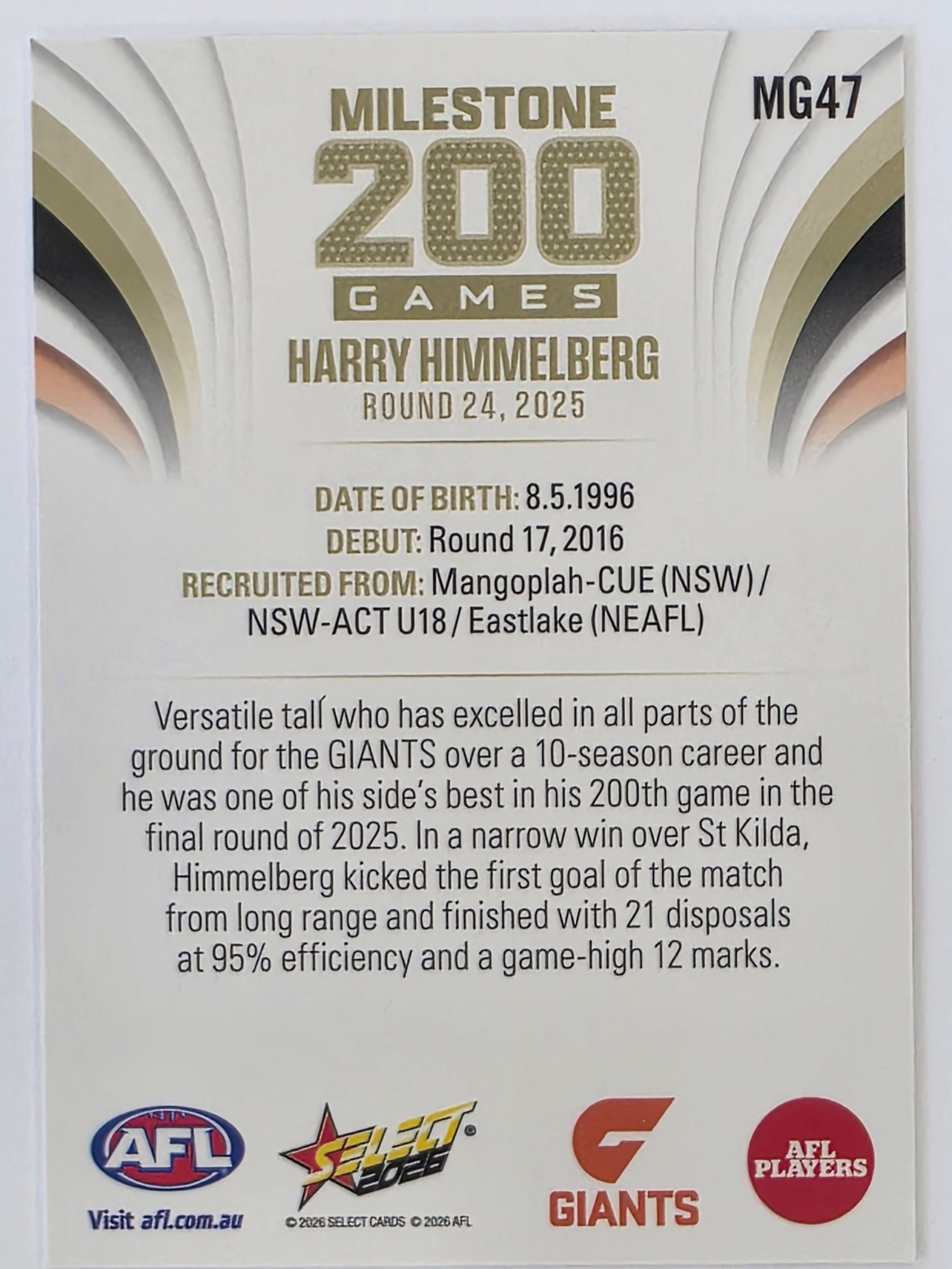 2026 AFL Footy Stars Milestone Games MG47 Harry Himmelberg - GWS Giants
