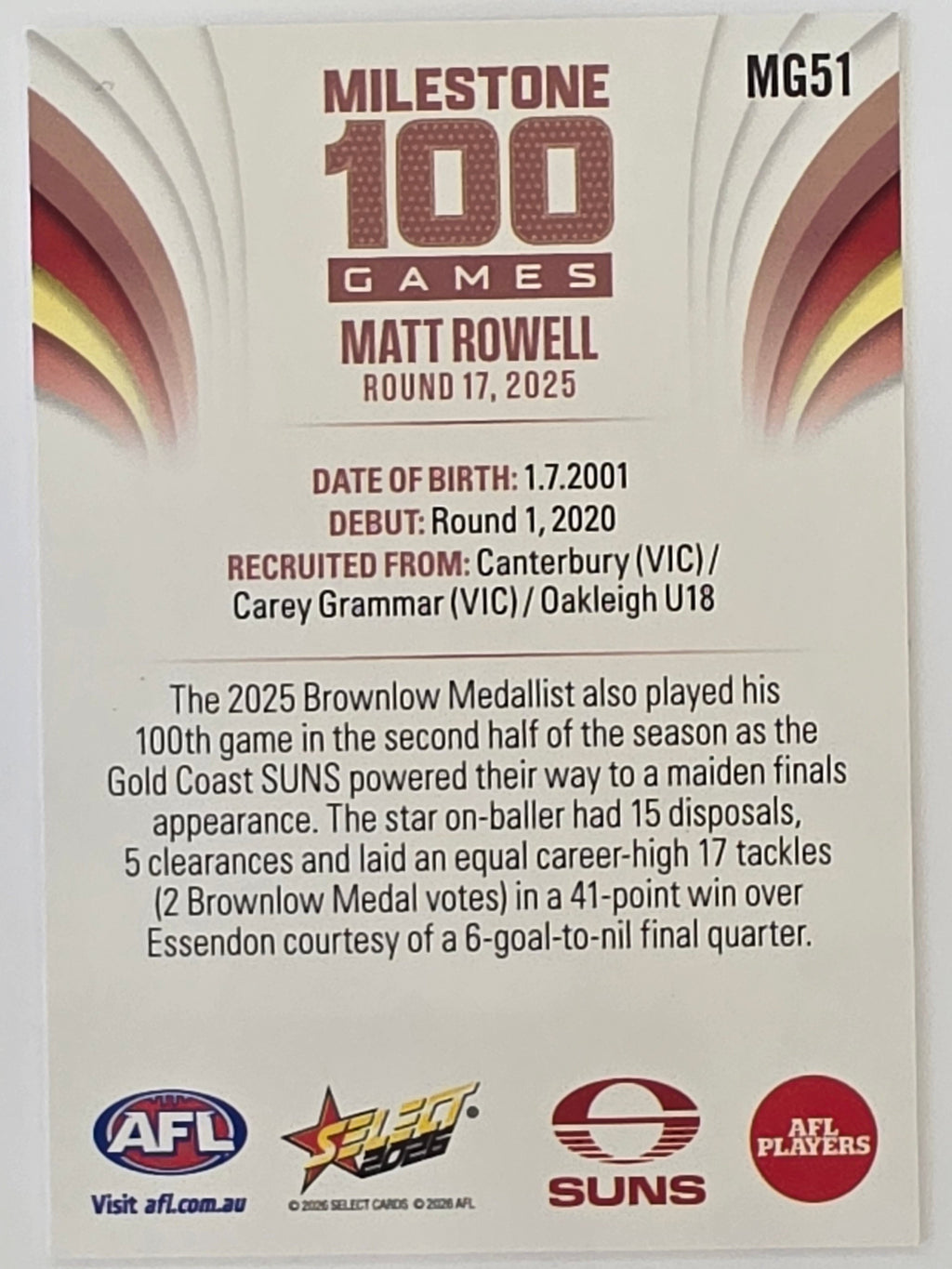 2026 AFL Footy Stars Milestone Games MG51 Matt Rowell - Gold Coast Suns