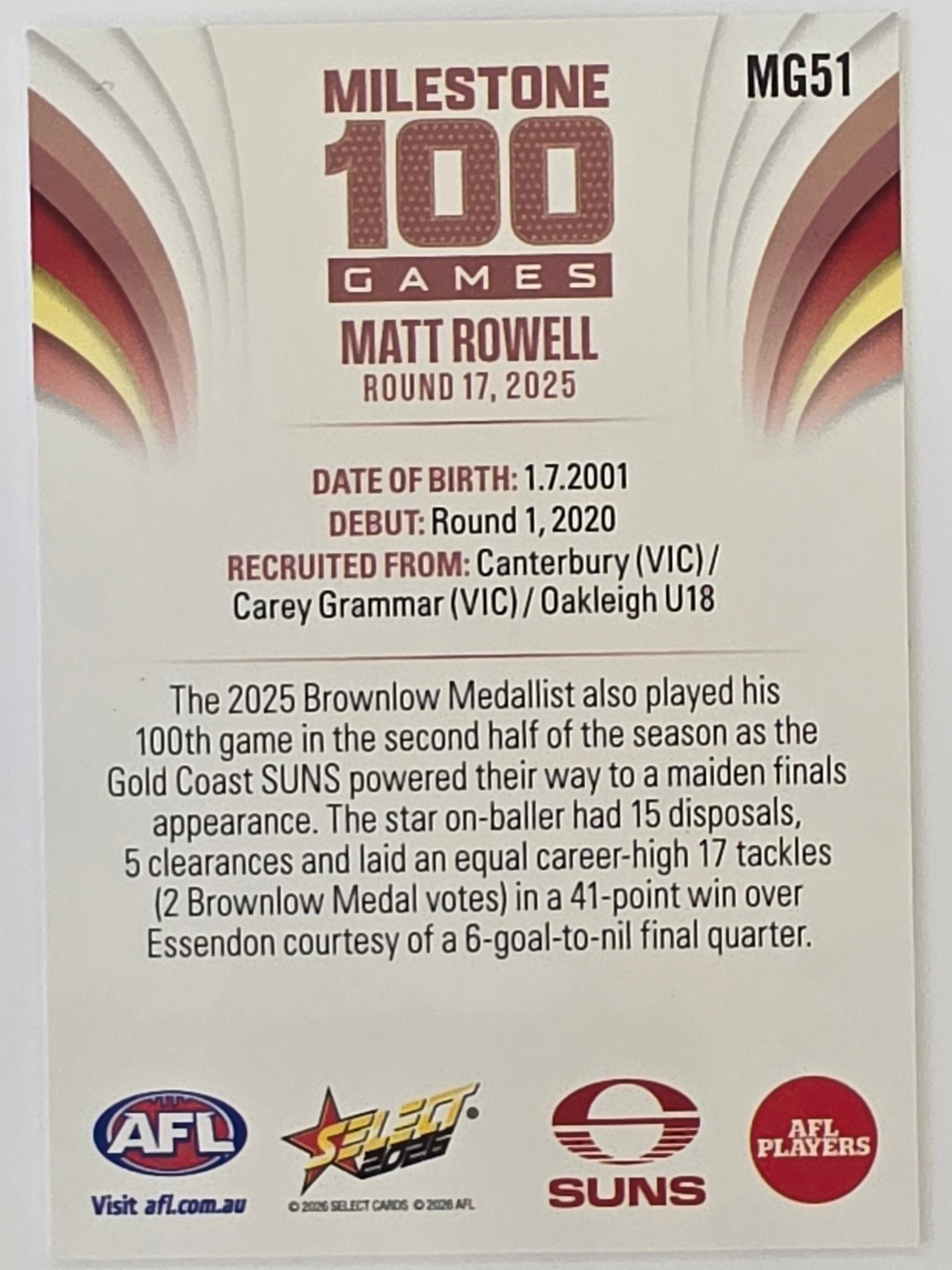 2026 AFL Footy Stars Milestone Games MG51 Matt Rowell - Gold Coast Suns