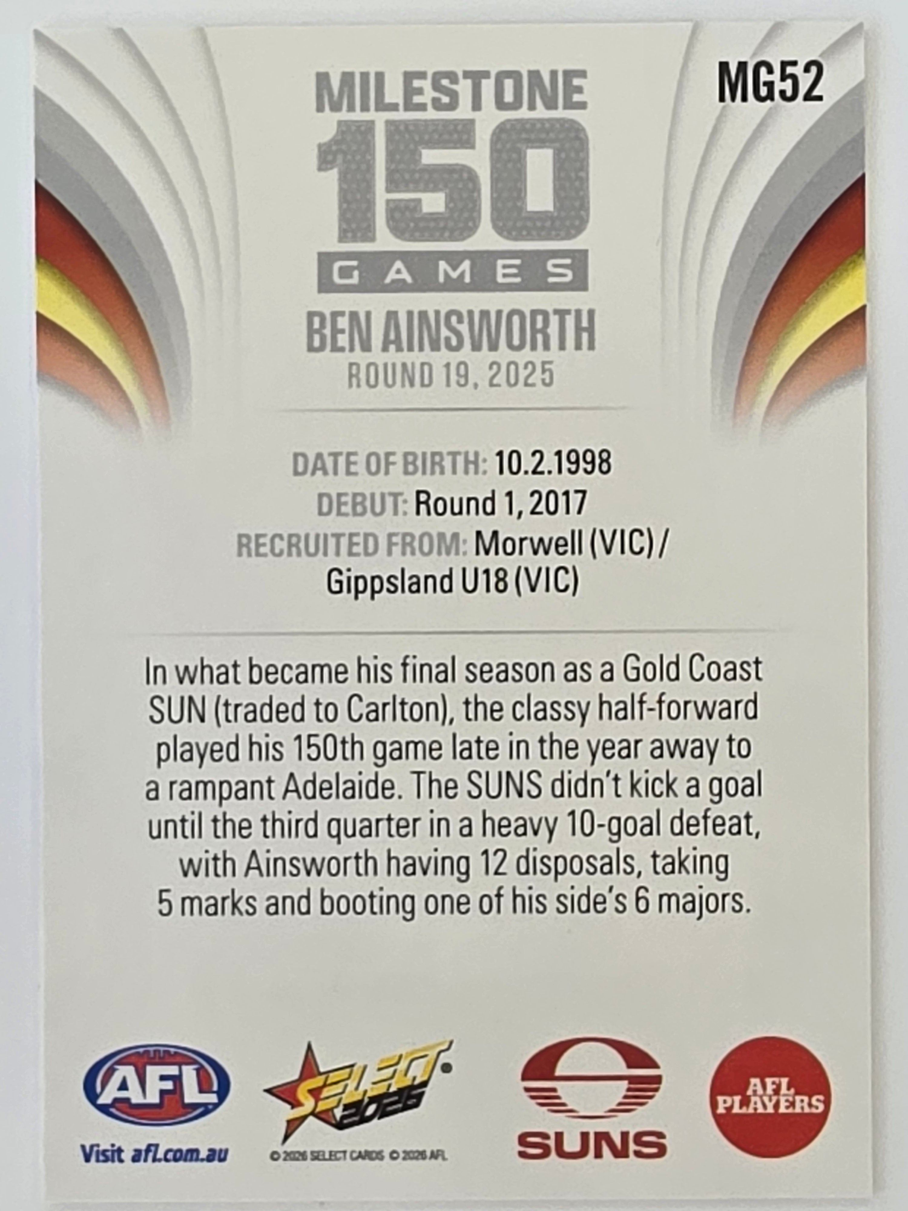 2026 AFL Footy Stars Milestone Games MG52 Ben Ainsworth - Gold Coast Suns