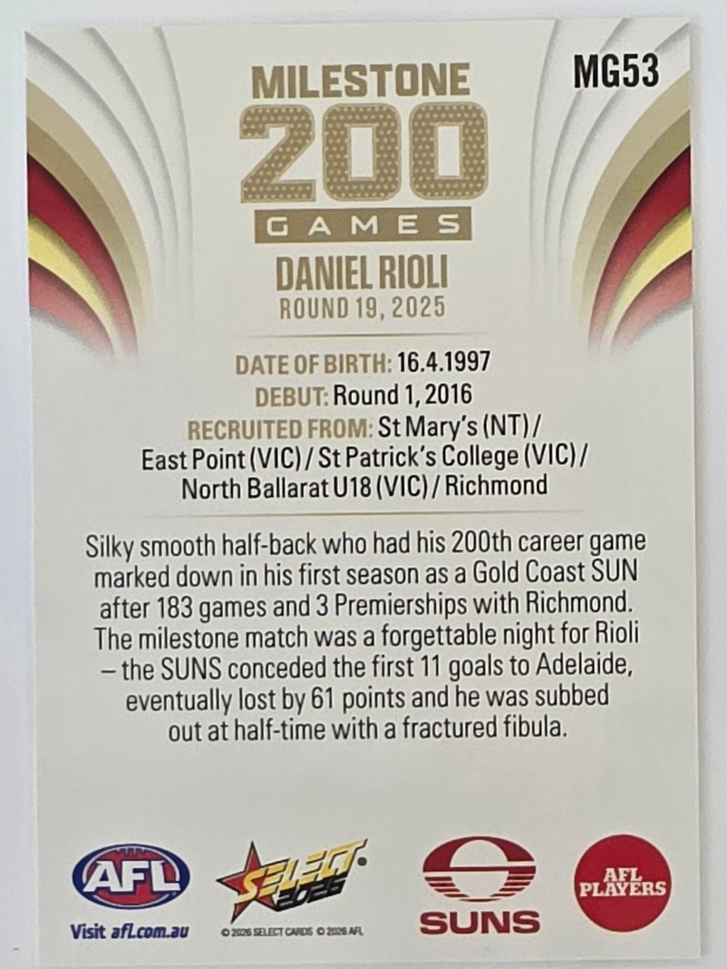 2026 AFL Footy Stars Milestone Games MG53 Daniel Rioli - Gold Coast Suns