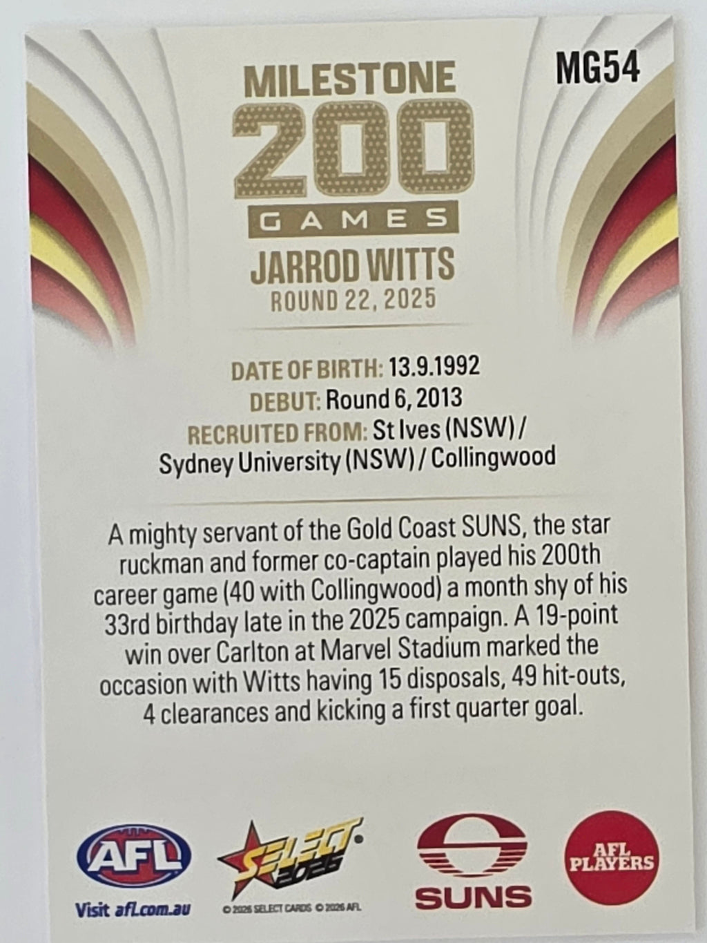2026 AFL Footy Stars Milestone Games MG54 Jarrod Witts - Gold Coast Suns