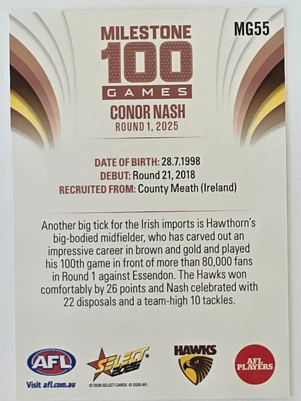 2026 AFL Footy Stars Milestone Games MG55 Conor Nash - Hawthorn Hawks