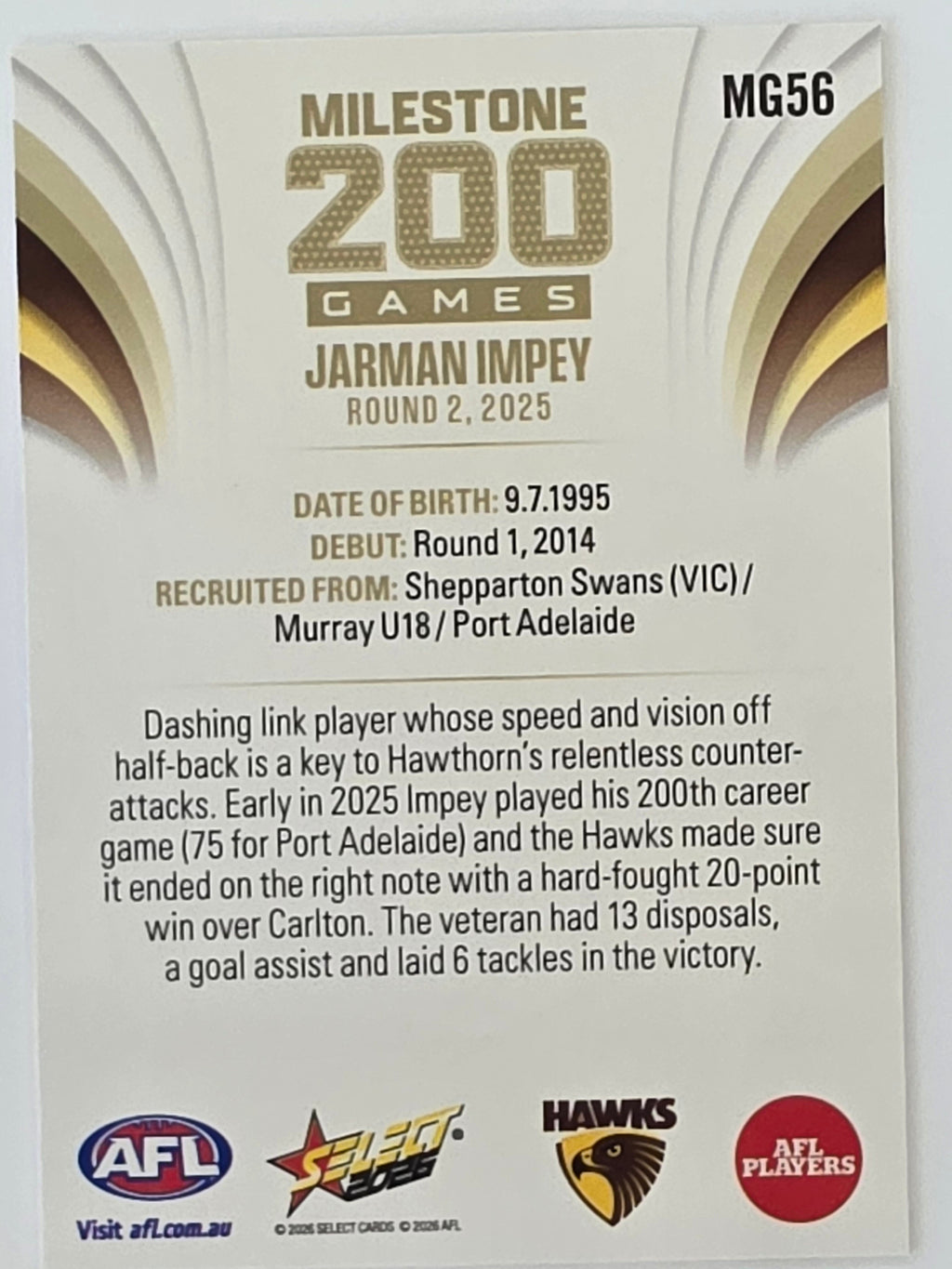 2026 AFL Footy Stars Milestone Games MG56 Jarman Impey - Hawthorn Hawks