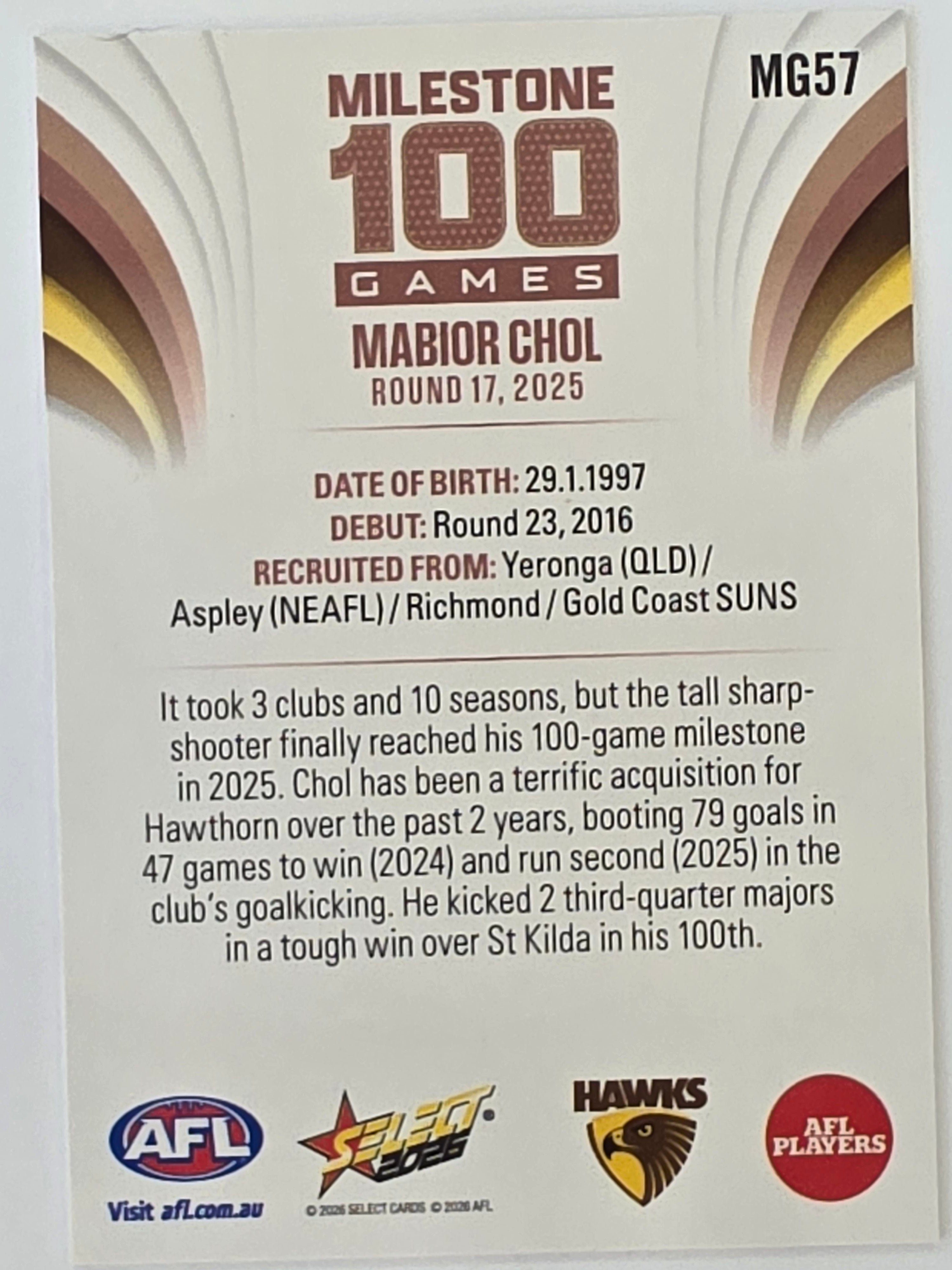 2026 AFL Footy Stars Milestone Games MG57 Mabior Chol - Hawthorn Hawks