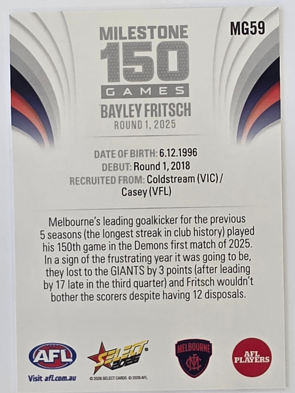 2026 AFL Footy Stars Milestone Games MG59 Bayley Fritsch - Melbourne Demons