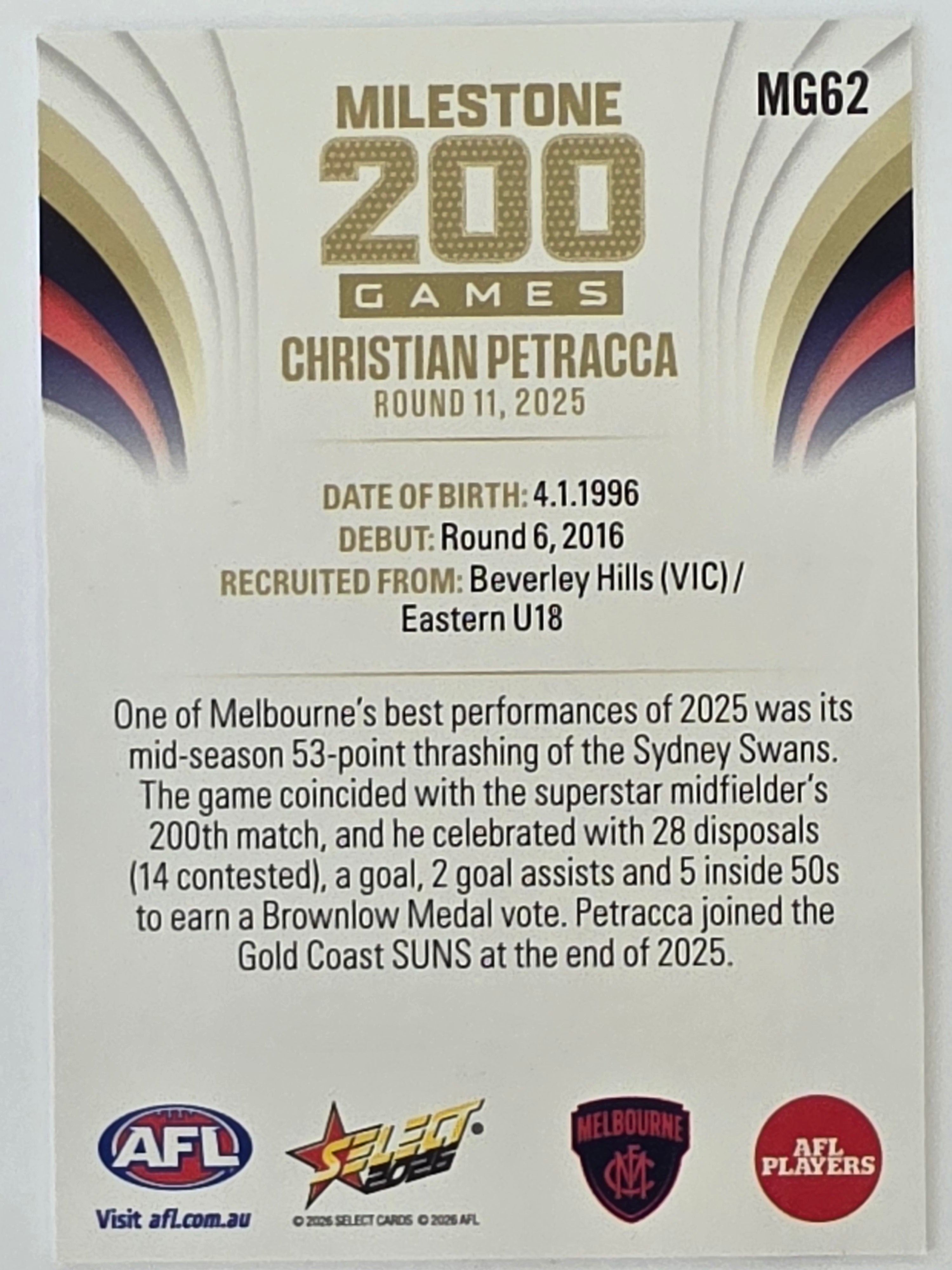 2026 AFL Footy Stars Milestone Games MG62 Christian Petracca - Melbourne Demons